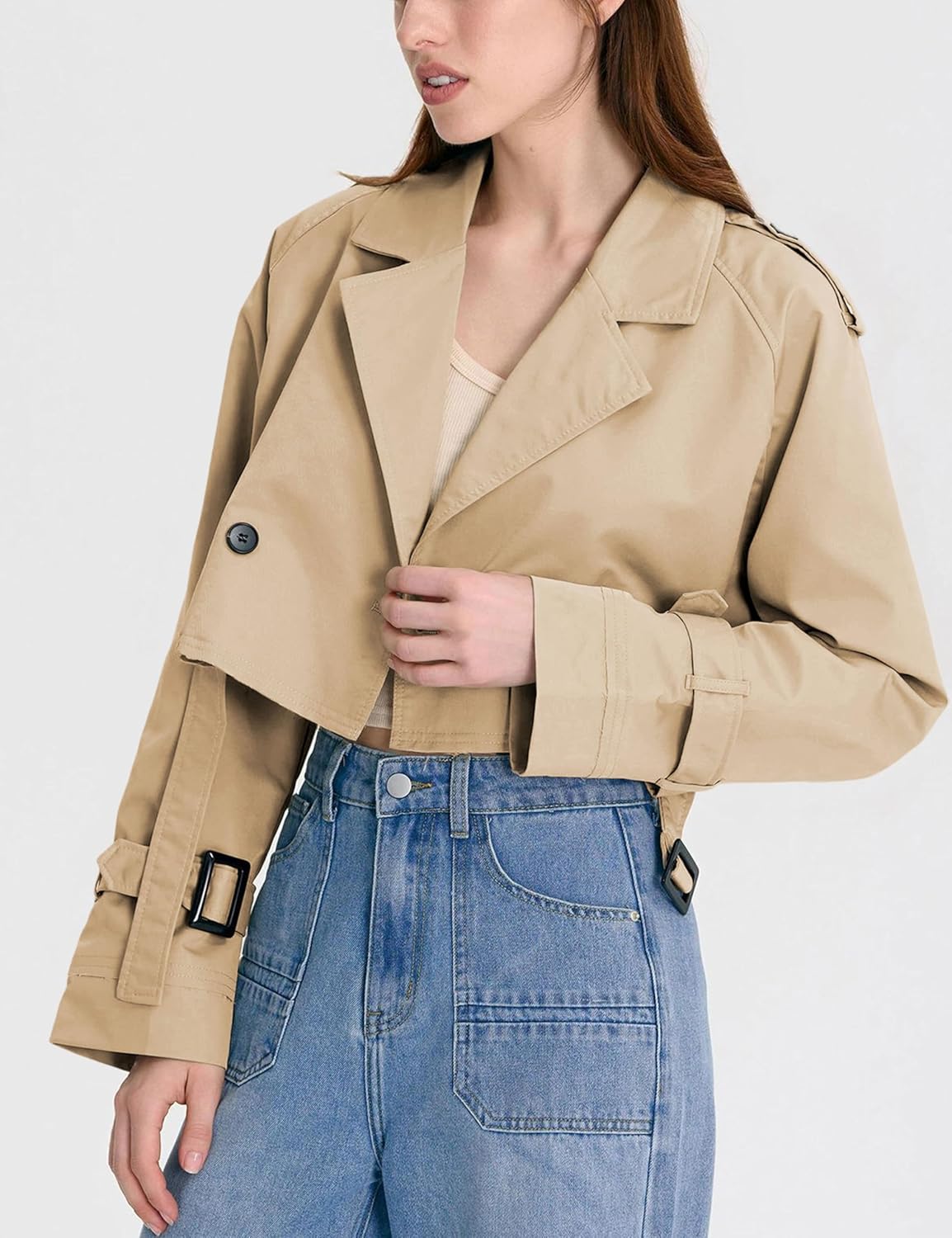 Xiaoxuemeng Womens Cropped Bike Jacket Casual Double Breasted Trench Coat with Belt - Image 7