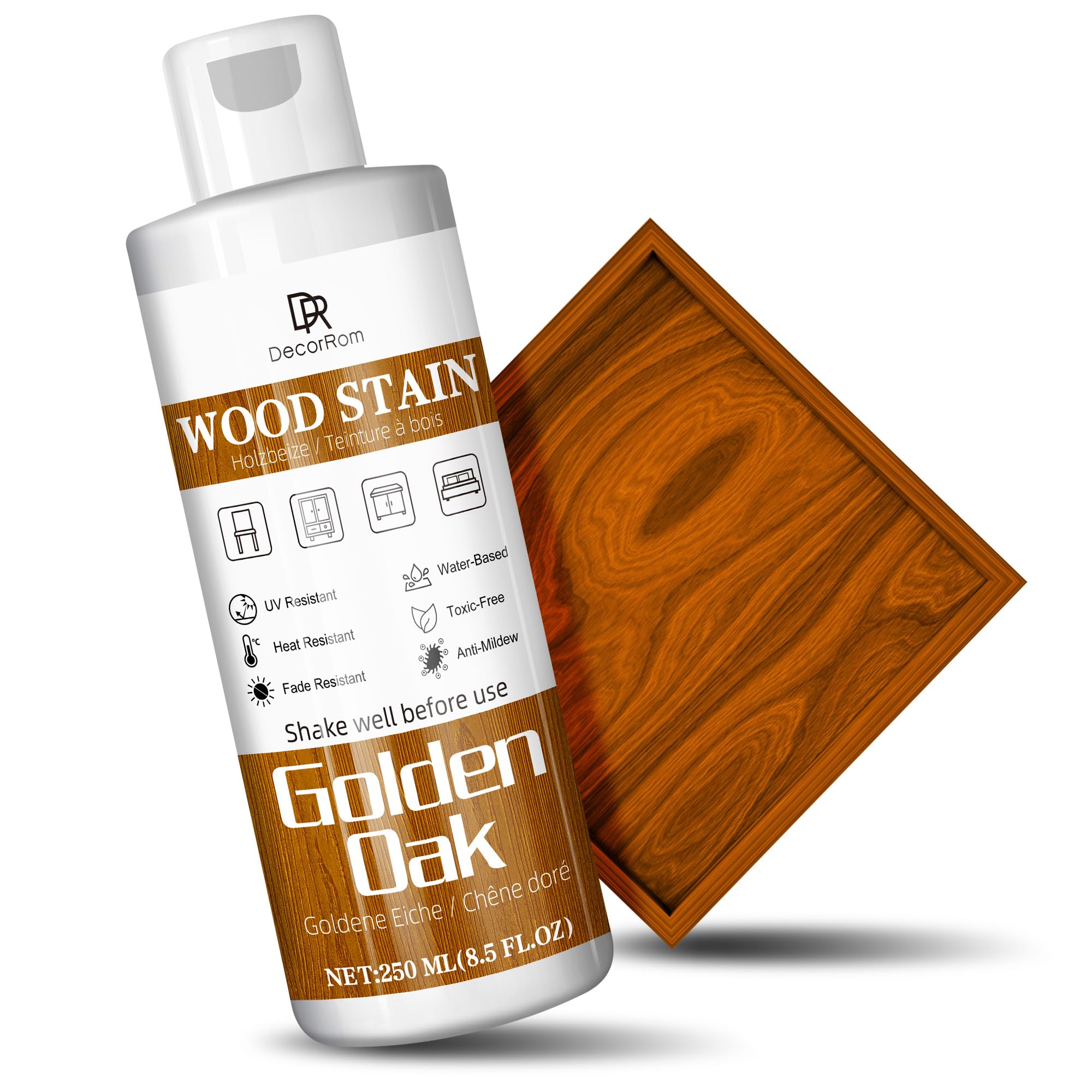 Golden Oak Wood Stain, 250ml Water Based Wood Stain, Matte Wooden Dye Fast Curing for Indoor and Outdoor Wooden Furniture, Doors, Window, Paneling, Cabinets Low Odor Non-Toxic & Long Lasting