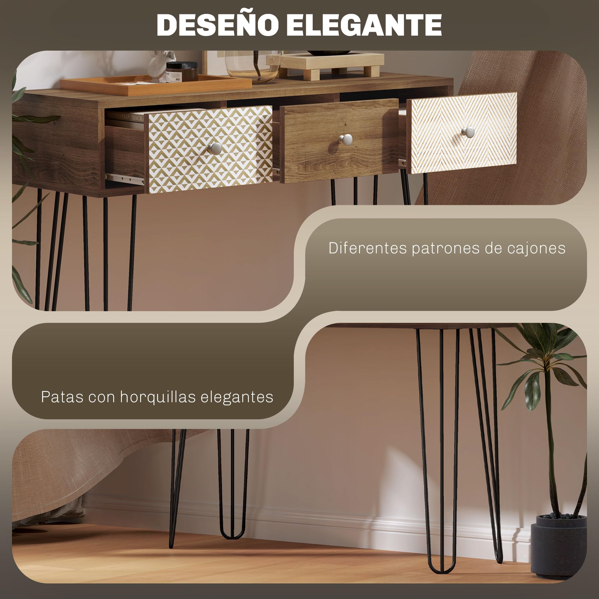 HOMCOM Mesa de Consola, Mesa de Sofá con 3 Cajones Estrecha, Natural