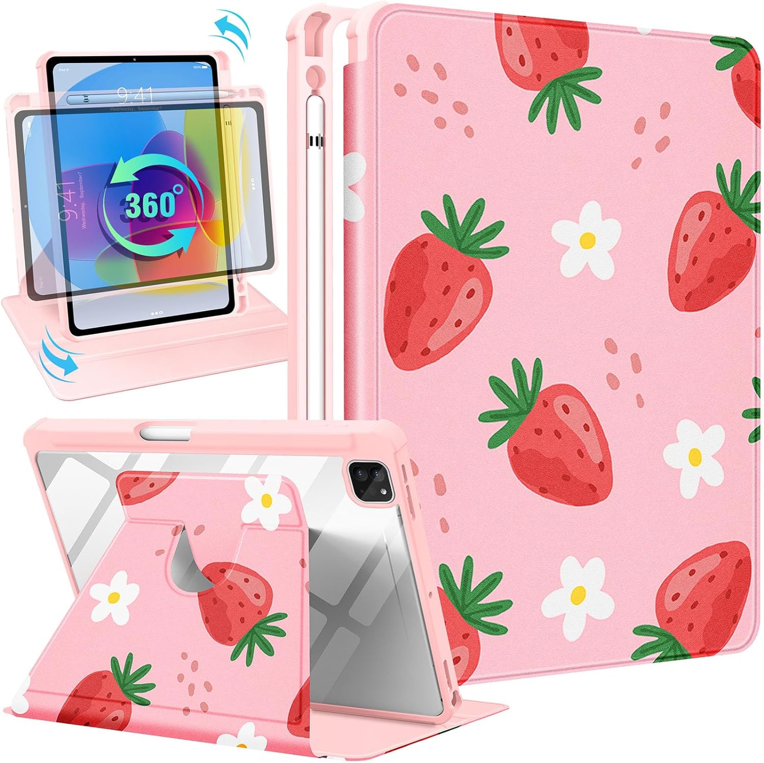 for iPad Air 11 inch Case, Air 5th/4th Generation 10.9, Pro 11'' Case Women Girls for Apple Pencil Holder Cute Strawberry Rotating Folio Cover for iPad Air 11 2024 (M2), 10.9 2022 2020, Pro 11 1-Strawberry