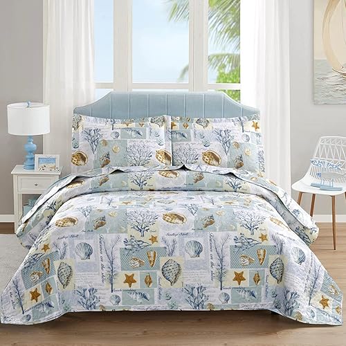 Ycosy Coastal Quilt Set King Size Ocean Themed Bedding Summer Beach Quilts Set Lightweight Reversible Bedspread Coverlets Seashell Starfish Seaweed Bed Spread Soft Home Bed Cover with 2 Pillow Shams