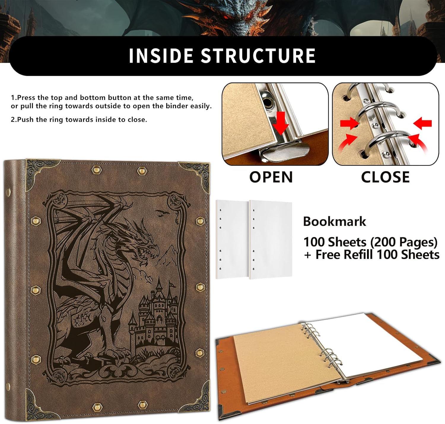 DUROTAN DND Journal/Notebook,Unique 400 Pages A5 Refillable Leather Dragon Journal for Dungeons and Dragons/D&D,Great RPG Accessories Nerdy Gifts for DM's & Players Womens Mens Girls