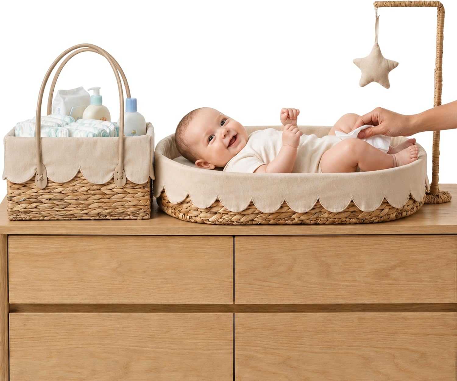 Premium Baby Changing Basket + Diaper Caddy - Scalloped Basket for Baby Dresser