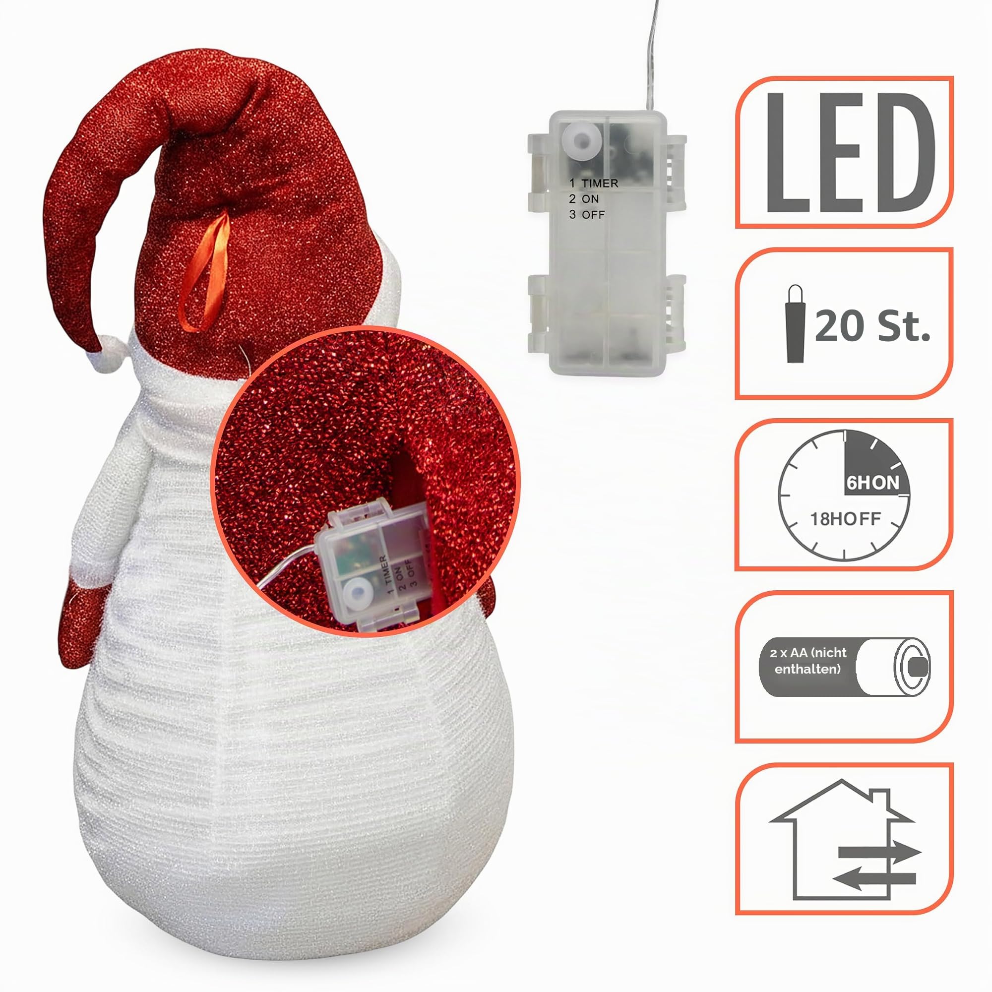 XXL LED Stoff Schneemann für Außen mit Timer - 140 cm - Beleuchtete Gartenfigur mit 20 LED - Deko Garten Figur wasserfest mit Timer Batterie betrieben