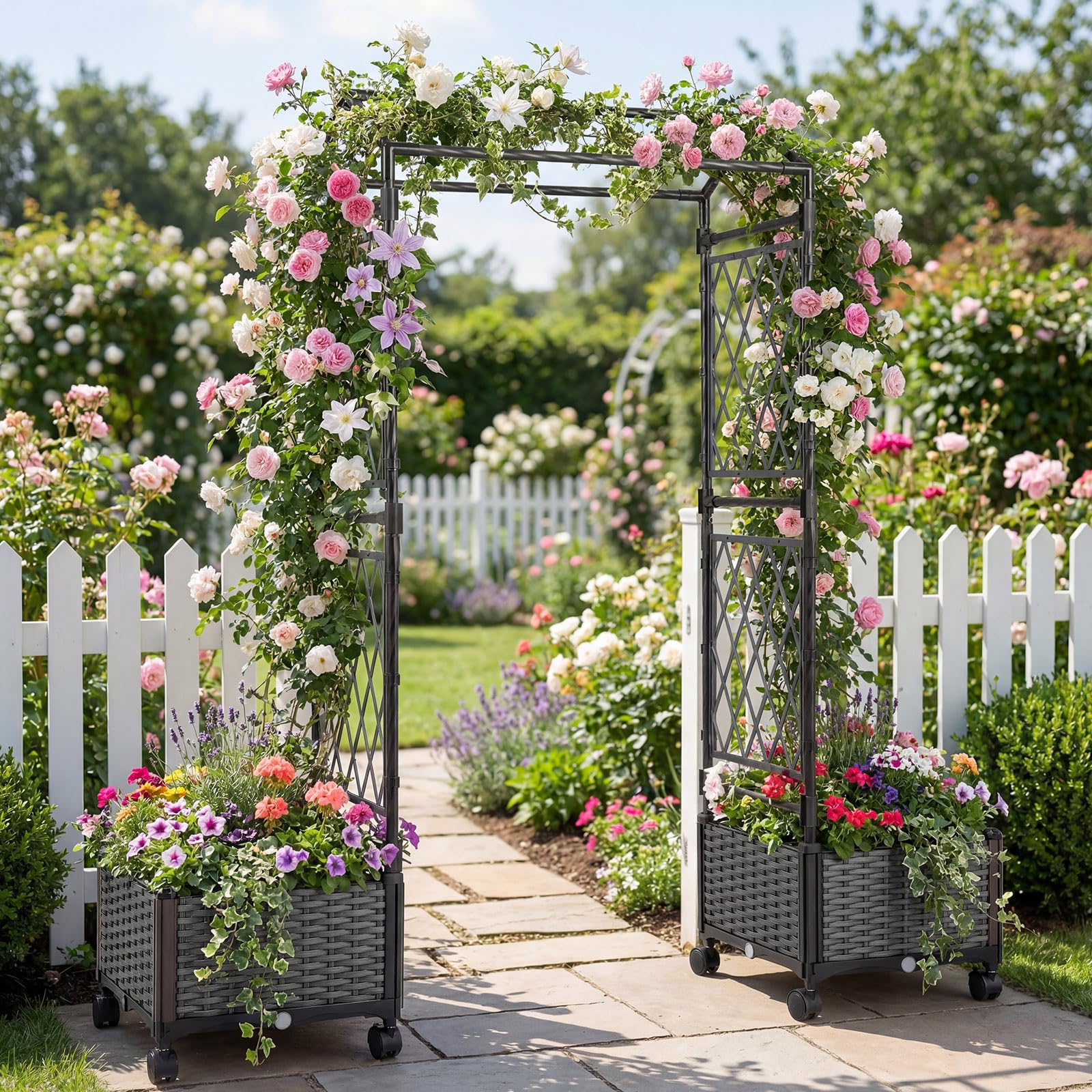 COSTWAY Blumenkasten mit Rankgitter & hängendem Dach, 163 cm, 2 in 1 Rosenbogen mit 2 Pflanzkästen, Gartenbogen auf Rollen, Metall & PP-Rattan, Rankkasten mit Spalier, für Kletterpflanzen (Grau)