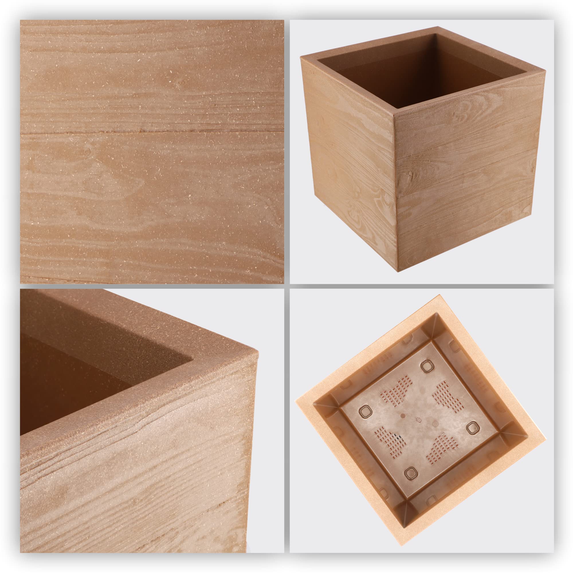 KADAX Maceta con ruedas, 39 x 40 cm, gran maceta de plástico con aspecto de madera, maceta cuadrada con inserto para interiores y exteriores (marrón)