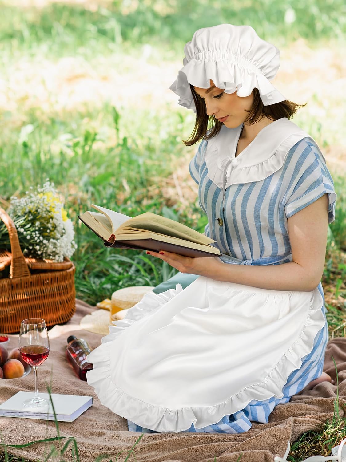 Suhine 3 Pcs Colonial Costume Set White Colonial Bonnet Shawl Wrap Waist Apron Women Pilgrim Costume Accessories