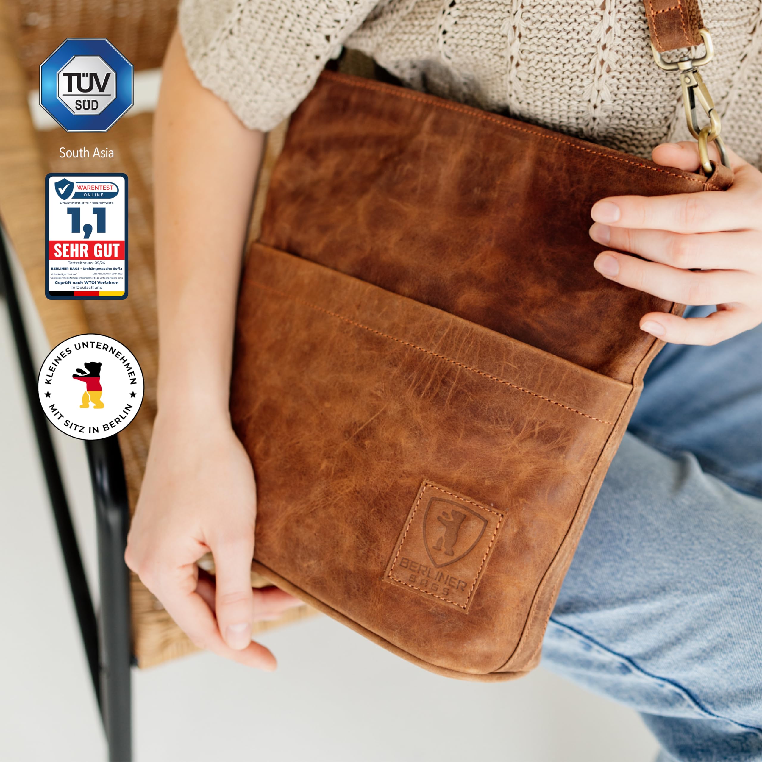 Berliner Bags Vintage Schultertasche Sofia, Umhängetasche mit 2 Riemen aus Leder, Handtasche für Frauen - Braun