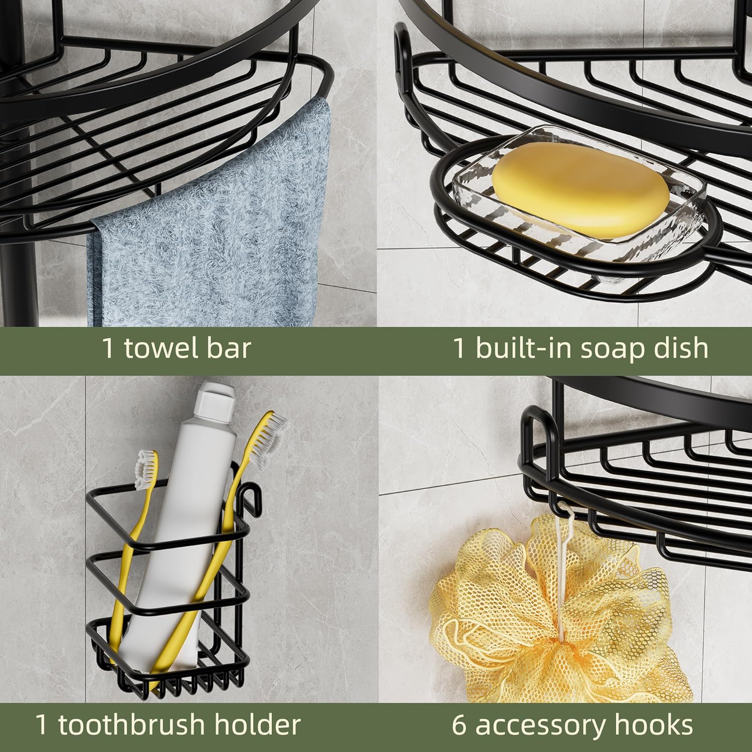 Corner Shower Caddy Tension Pole, 4 Tier Adjustable No Drill Rustproof Large Capacity Space-Saving Shower Shelves Organizer Storage Rack 45.29-119in for Bathroom Bathtub Family Renters, Black