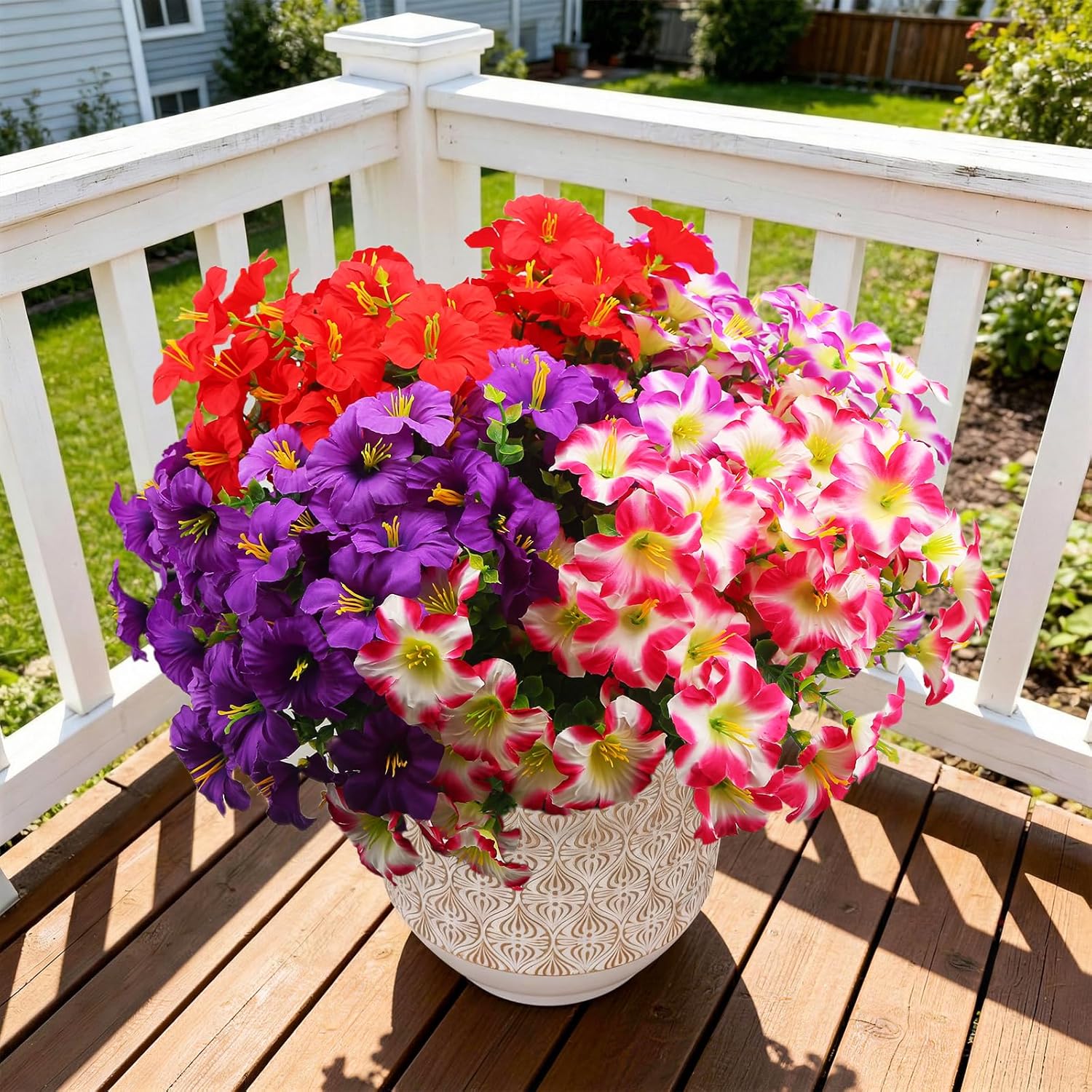 Artificial Flowers for Outdoors Fake Plants Outside, 16 Bundles Silk Morning Glory with Eucalyptus, UV Resistant Realistic Faux Flowers for Planters Porch Patio Garden Balcony Decor (4 Color)