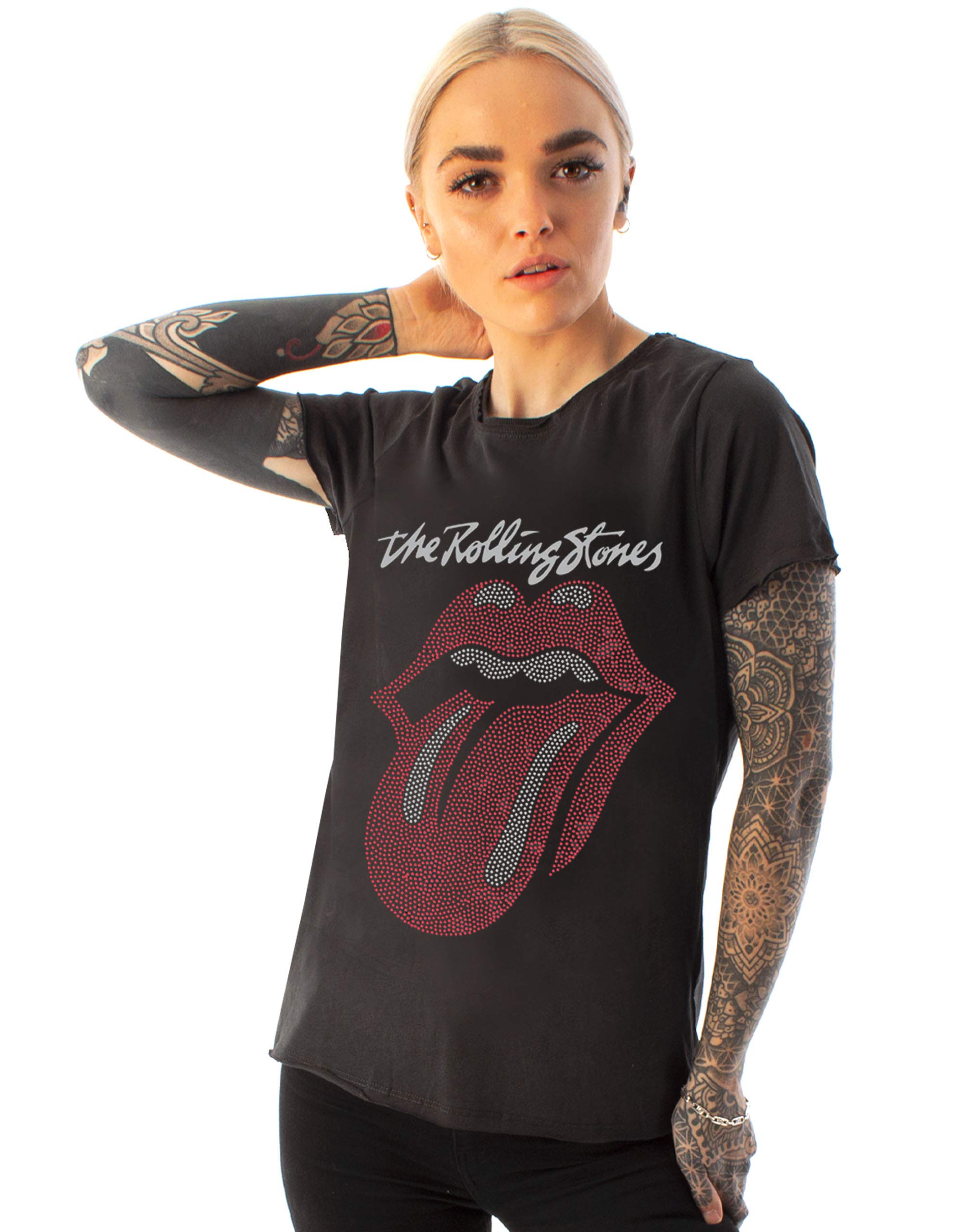 Vanilla Underground Women's Grey Amplified Rolling Stones Tongue Logo Diamante Charcoal T-Shirt