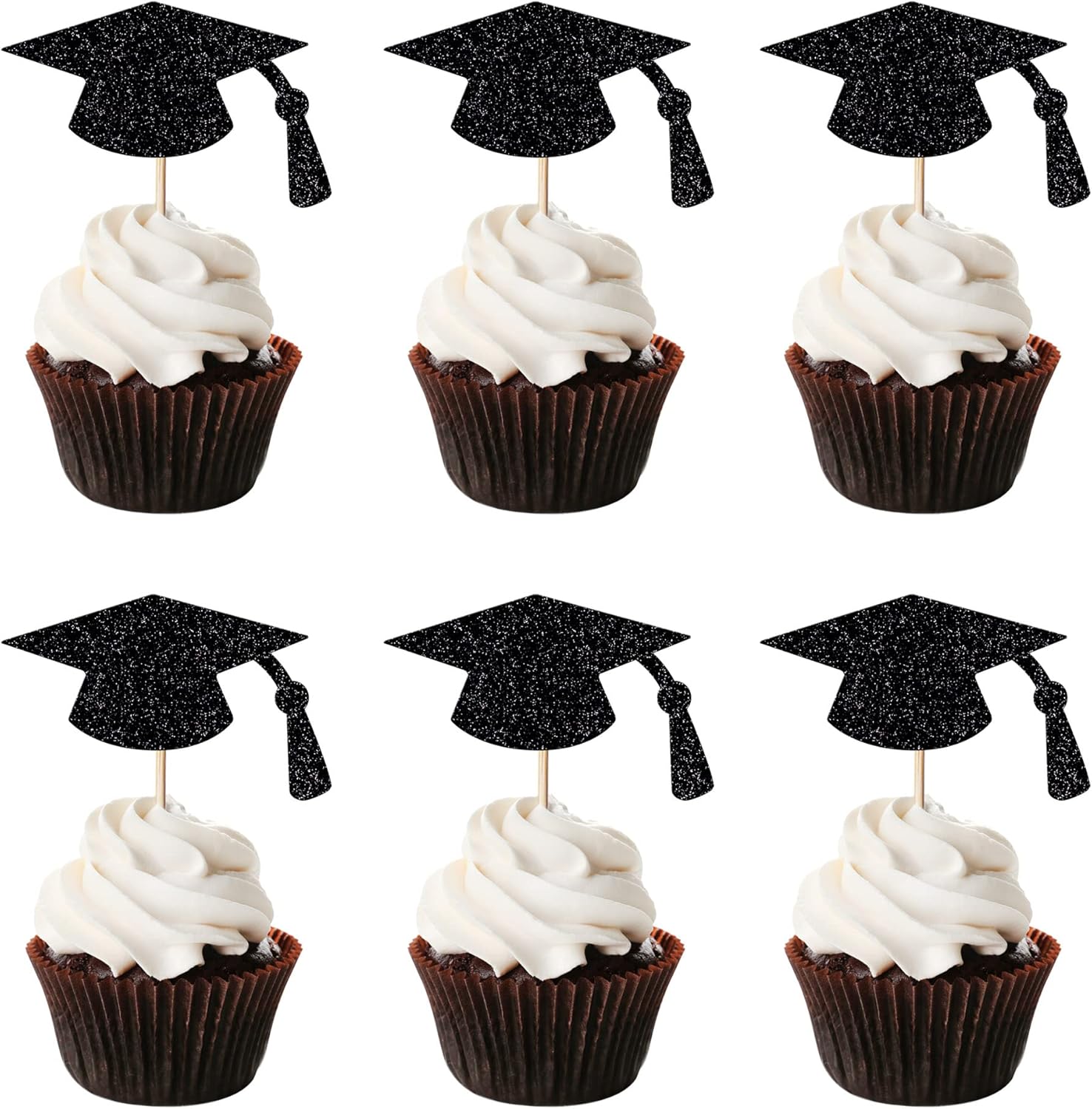 Leetaivie 24pcs Graduation Cupcake Topper Black Glitter