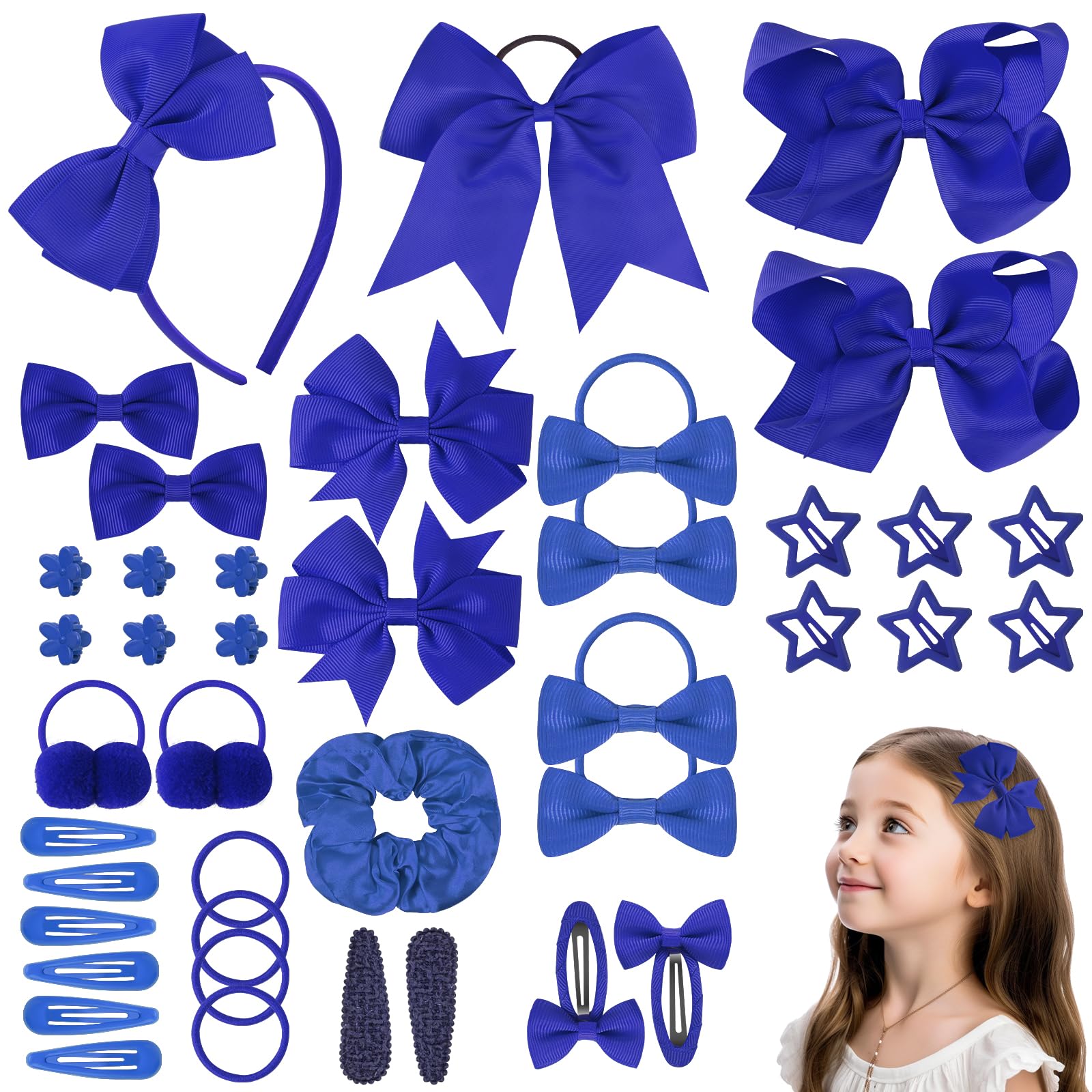 LOPHE Haarspangen Mädchen, 77er Haarschmuck Haarschleifen für Kinder, Haarreifen Süße Haarklammer Kinder Set, Geschenkset Haarschmuck für Alltägliche Anlässe Feiertagsfeiern, Königsblau