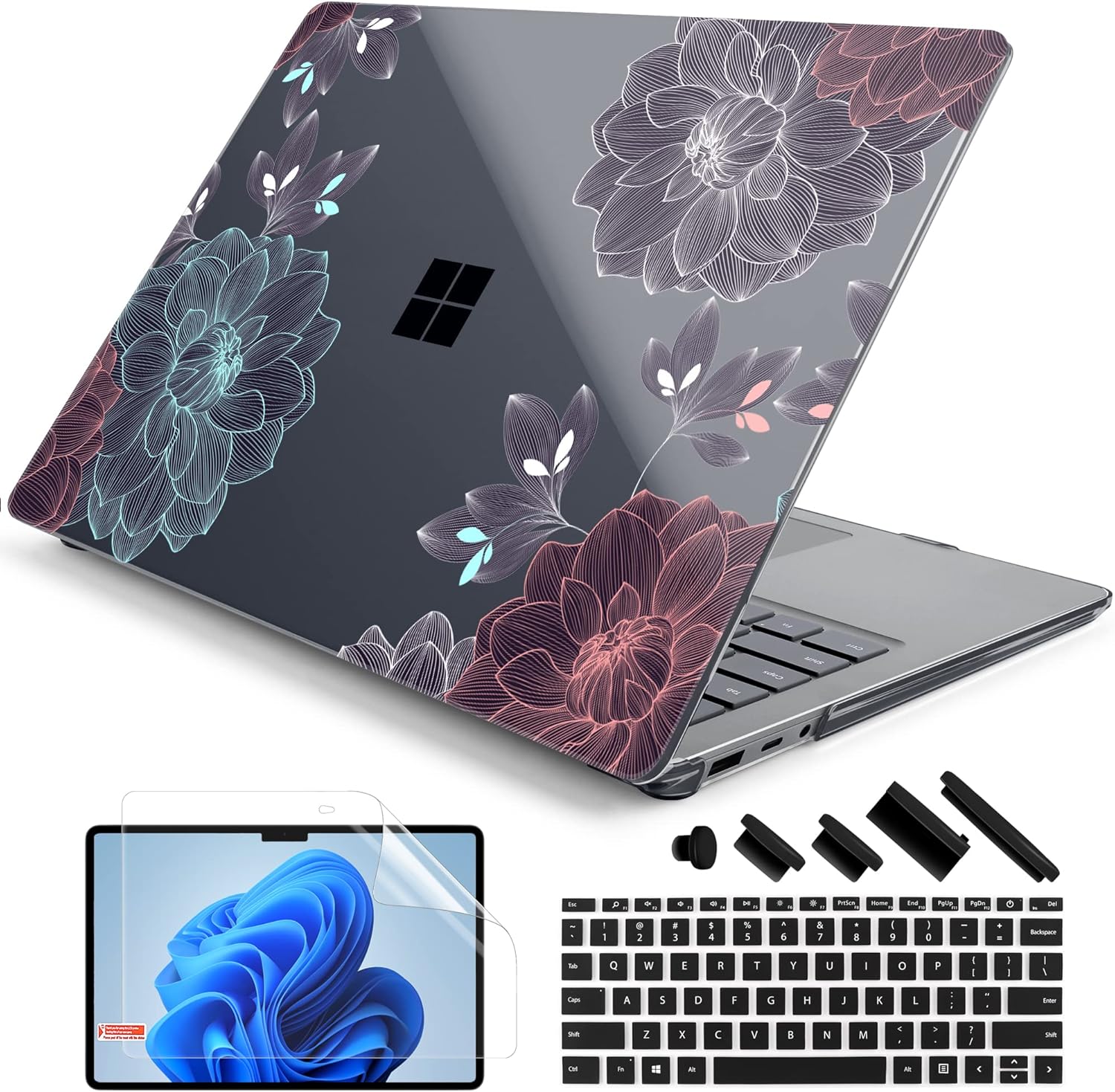 DONGKE Case Compatible with 13.5" Microsoft Surface Laptop 5/4 / 3 Laptop with Metal Keyboard 2022 2021 2019 (Model: 1951/1868), Hard Shell Case with Keyboard Cover & Screen Film, Dahlia Flowers