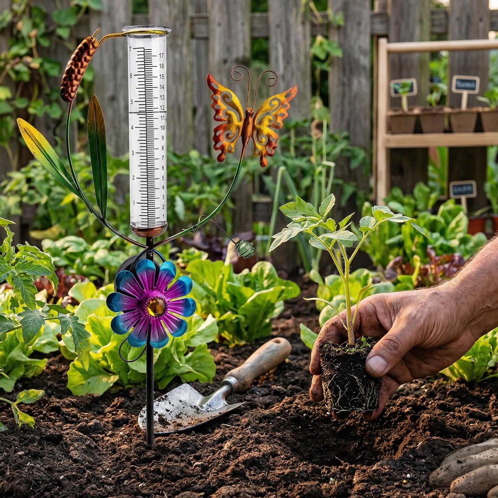HOSPAOP Solar Regenmesser für Garten mit Erdspieß und LED, Niederschlagsmesser Frostsicher Glas für Rasen, Terrasse, Feldern, Innenhöfen, Gartendeko