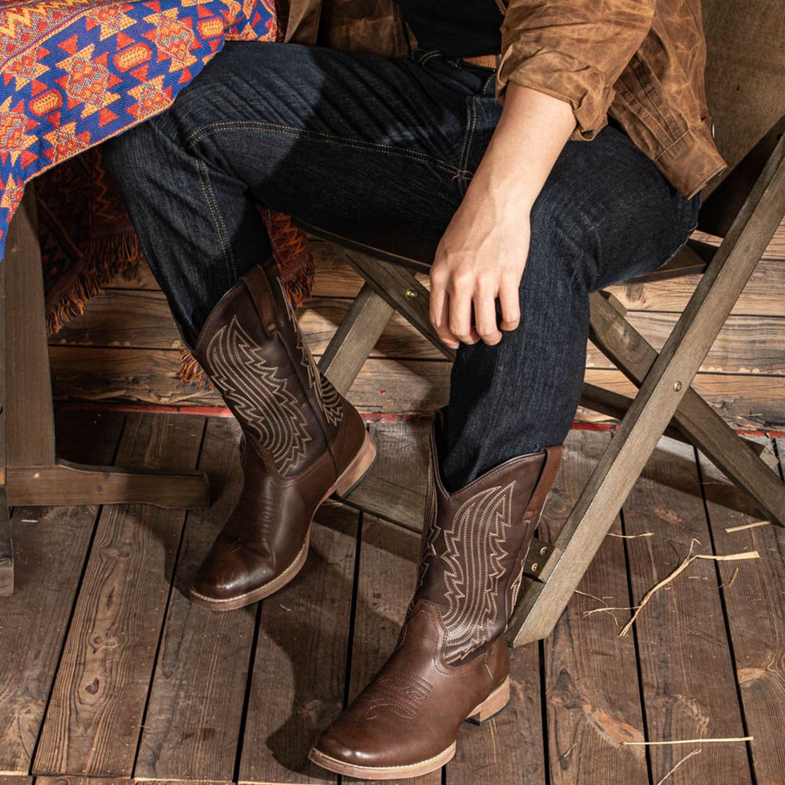J's.o.l.e Stivali da cowboy da uomo, stile western, punta quadrata, retrò, ricamati, senza lacci, larghi, per equitazione, campagna, lavoro, marrone
