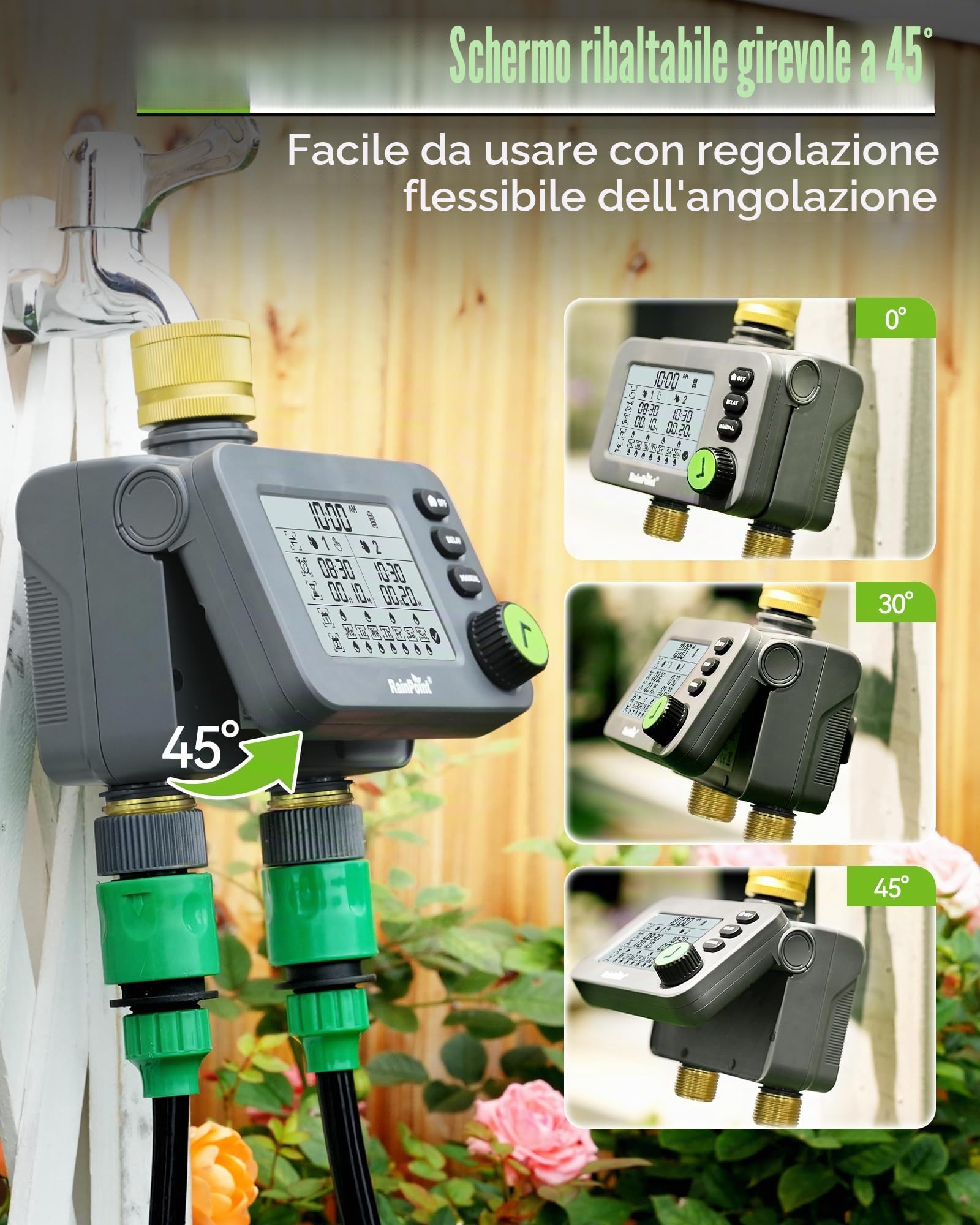 RAINPOINT Centralina Irrigazione 2 uscite con ingresso e uscita in ottone, Timer Irrigazione con ritardo della pioggia/modalità automatica e manuale, IP54/grande LCD, Computer di irrigazione giardino