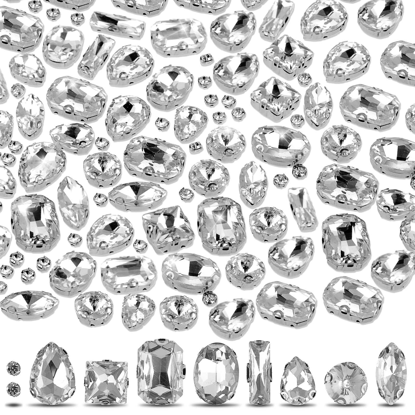 300 Pieces Sew on Rhinestones for Clothes Claw Flatback Crystal Rhinestones with Hole Silver Prong Mix Shape Size Clear Rhinestones for Crafts Makeup Shoes Bag Clothes Nails DIY Decoration