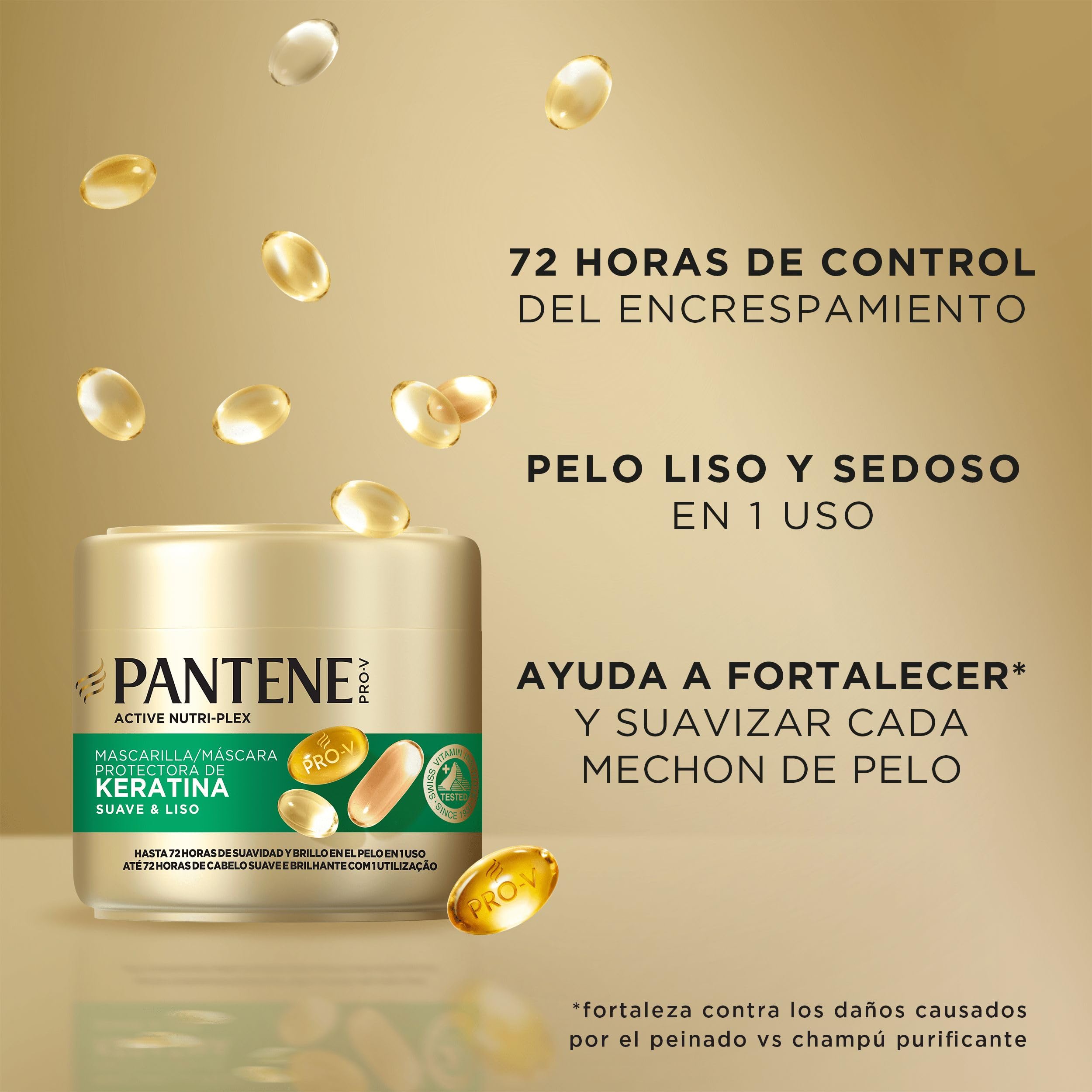 Pantene Pro-V Suave Y Liso Mascarilla Protectora De Keratina 3X300ml Para Pelo Encrespado Y Seco. Hasta 72H De Pelo Suave Y Brillante En Un Solo Uso