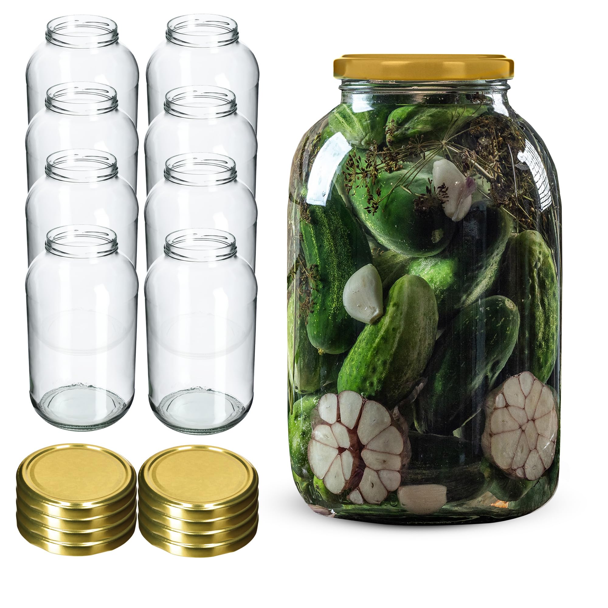 KADAX Set di 8 Barattoli in Vetro 4L con Coperchio a Vite fi100mm, Vasi Ermetici Bocca Larga per Conserve, Sottaceti, Fermentazione, Kombucha, Kimchi, Cetrioli, Frutta (Dorato)