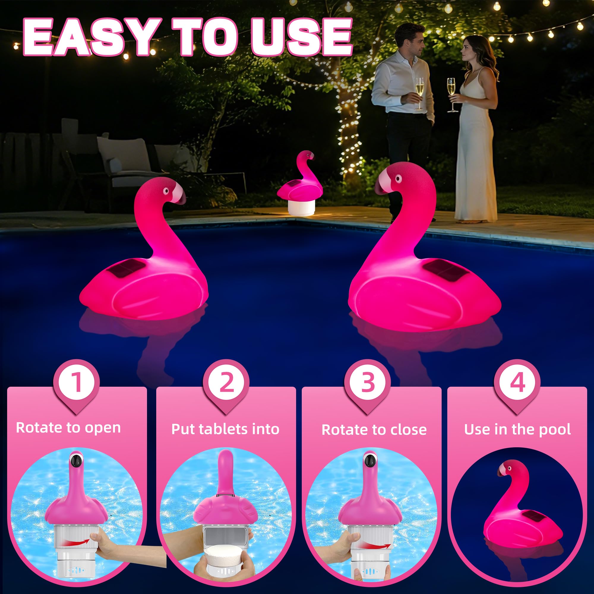 Luxfero Diffuseur Chlore Piscine avec Lumière,Flamant Distributeur de Chlore Flottant Solaire,Flotteur Chlore Piscine Grande Capacité Diffuseur Chlore pour Piscine Réglable,Distributeur Chlore Piscine