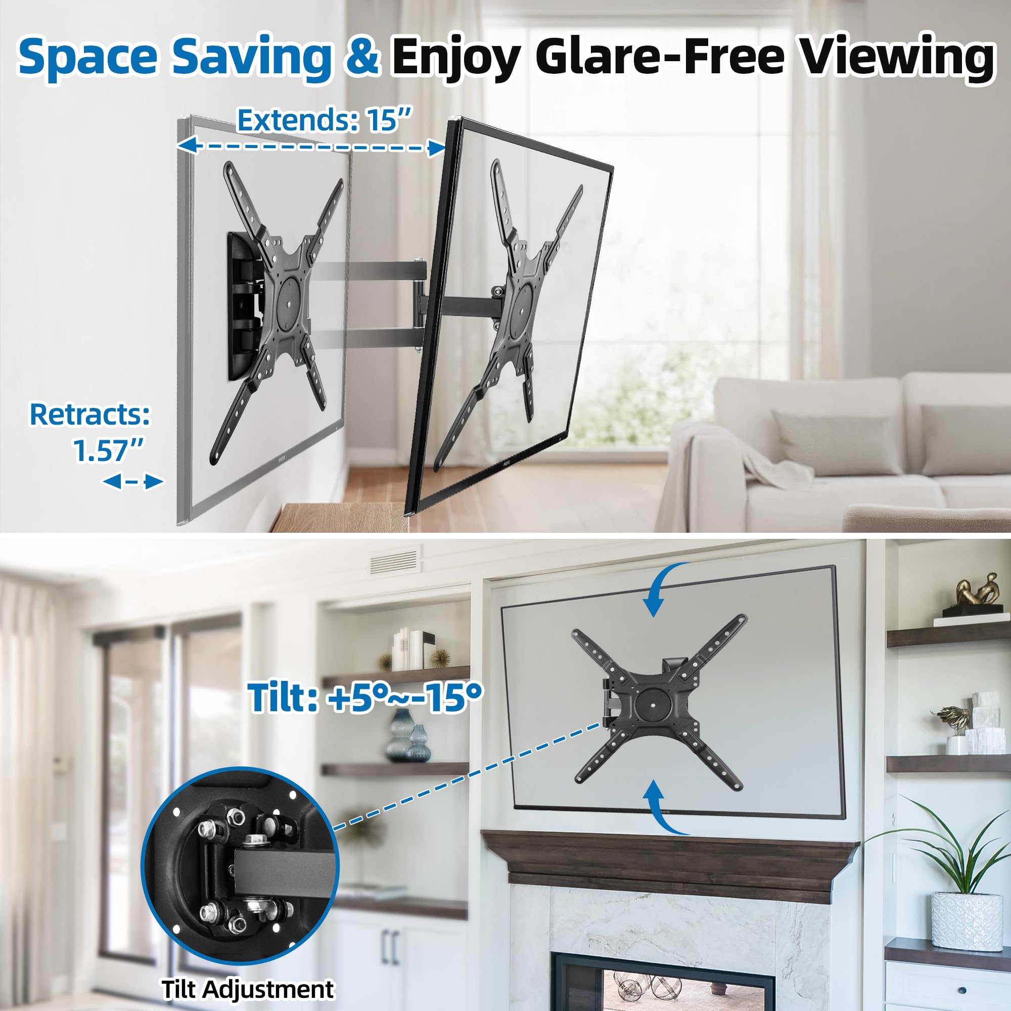 Supporto da parete per TV Full Motion, supporto da parete angolare per la maggior parte delle Smart TV da 26-55", supporto universale per TV a cerniera con bracci di prolunga, inclinabile, girevole