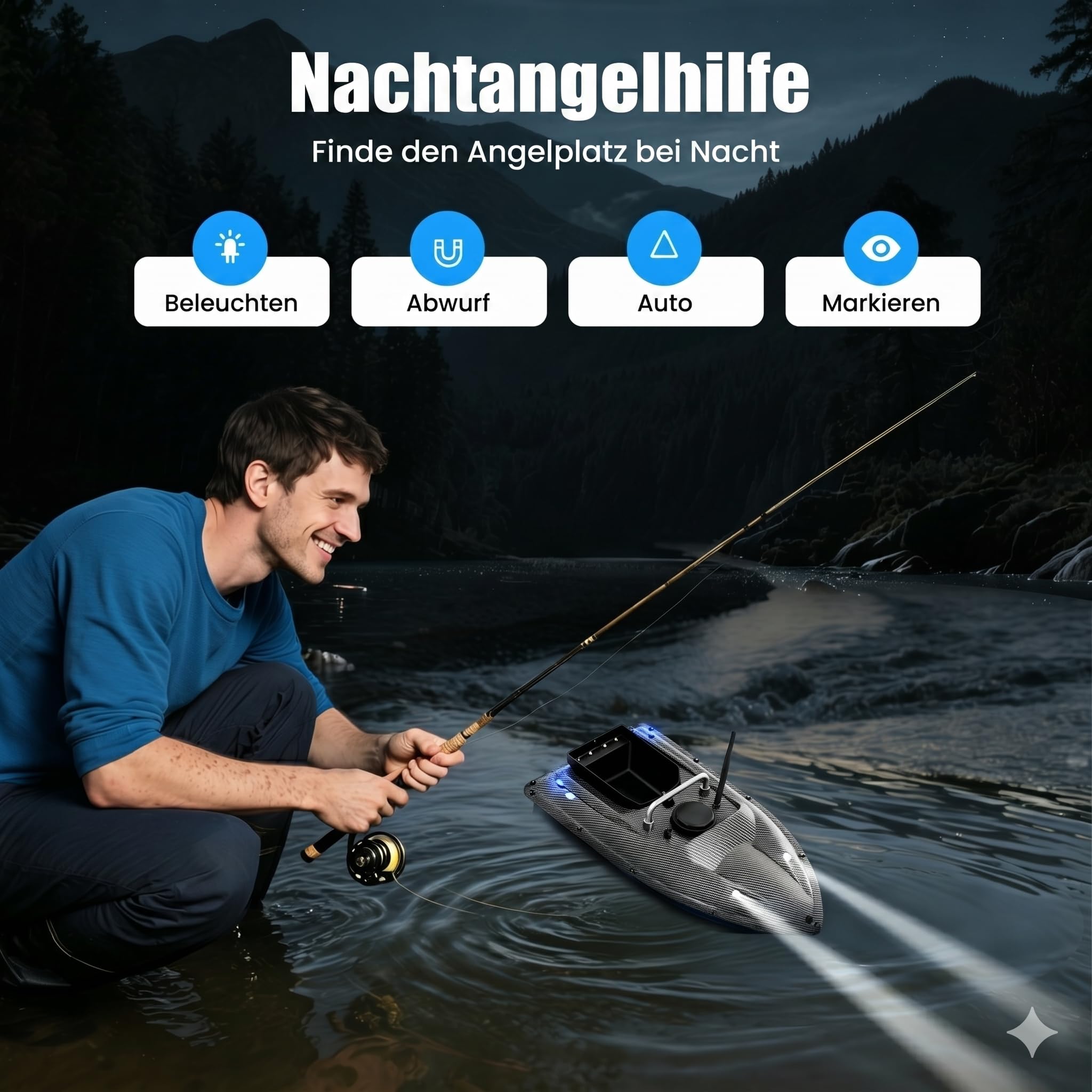 500m Futterboot Angeln Ferngesteuertes Köderboot, Angelköderboot mit LED-Licht, 1.5KG Beladung Nachtangeln Köderboot mit Großem Köderbehälter Wiederaufladbares Automatisches RC Boot