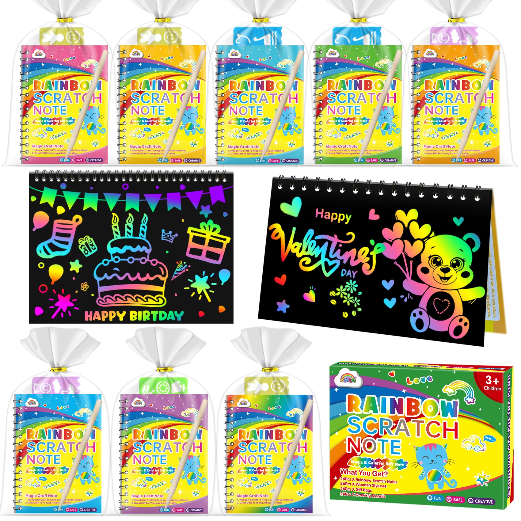 ZMLM Valentines Day Gifts Kids Classroom: 36 Pack Scratch Rainbow Art Notebook Paper, Birthday Party Favors For Kids 4-8, Bulk Goodie Bags Stuffers,
