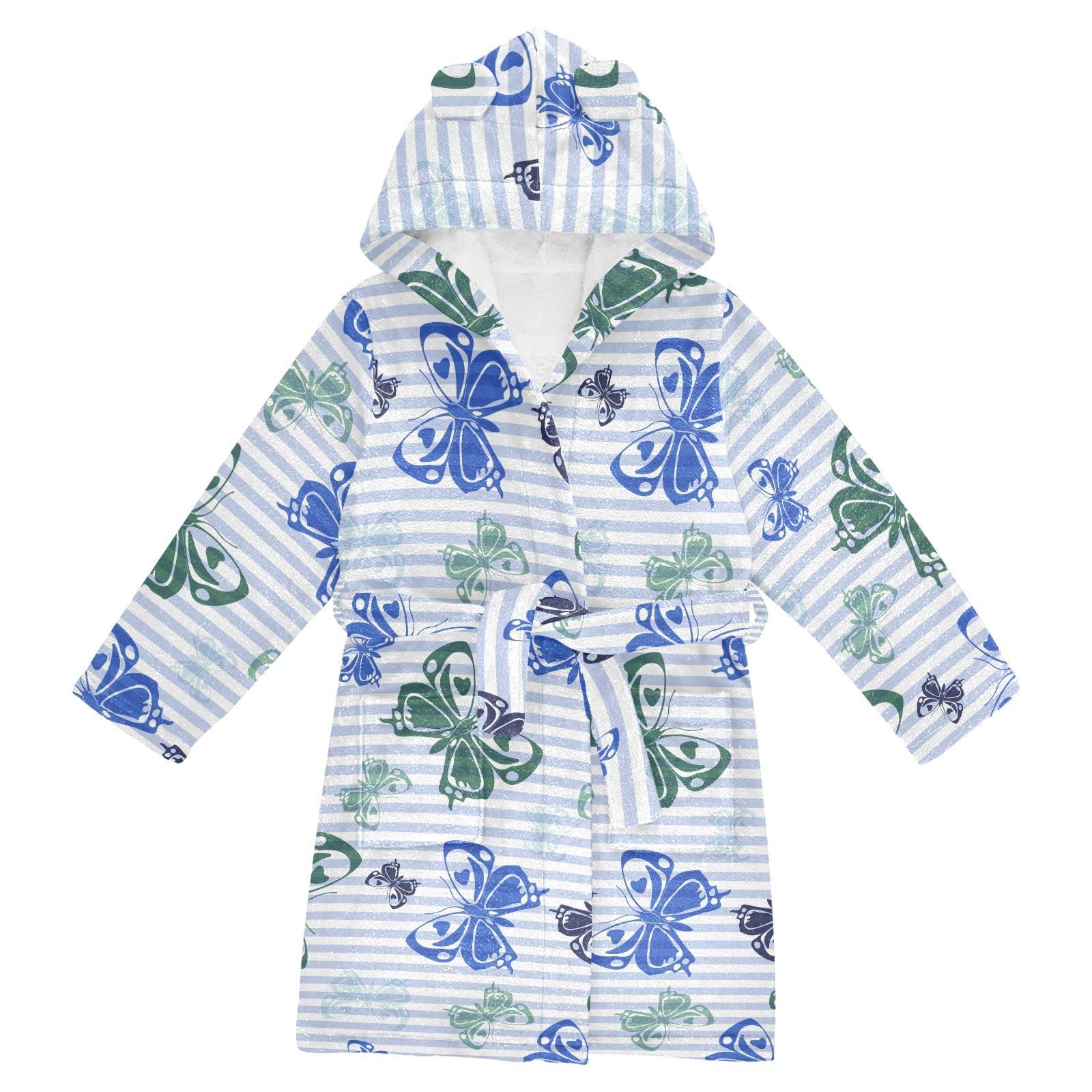 WIFIU Toddler Baby Hooded Bathrobe for Boys Girls Halloween Autumn Pumpkins Dice Blue Butterflies Striped Background Printed, Soft Plush Bath Towel Robe with 2 Pockets for 10-12 Years