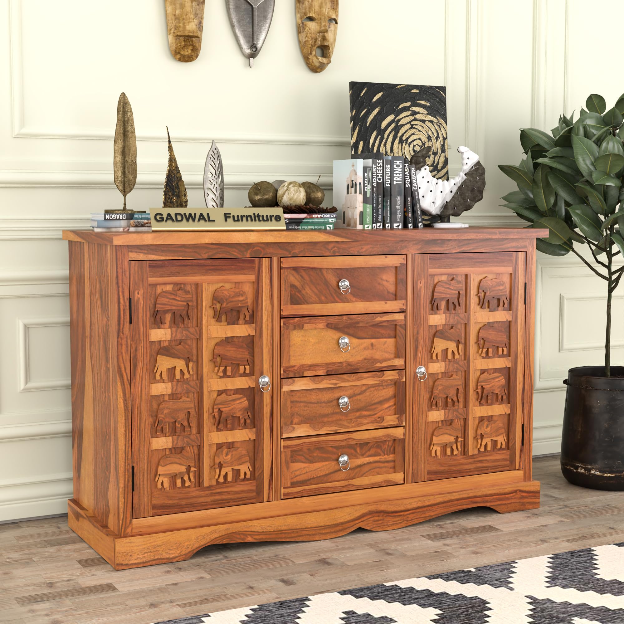 Solid Sheesham Wood Wooden Cabinet Sideboard with 4 Drawers and 2-Door Storage for Your Living Room, Bedroom Storagee (Neriah, Honey Finish)-picture-15