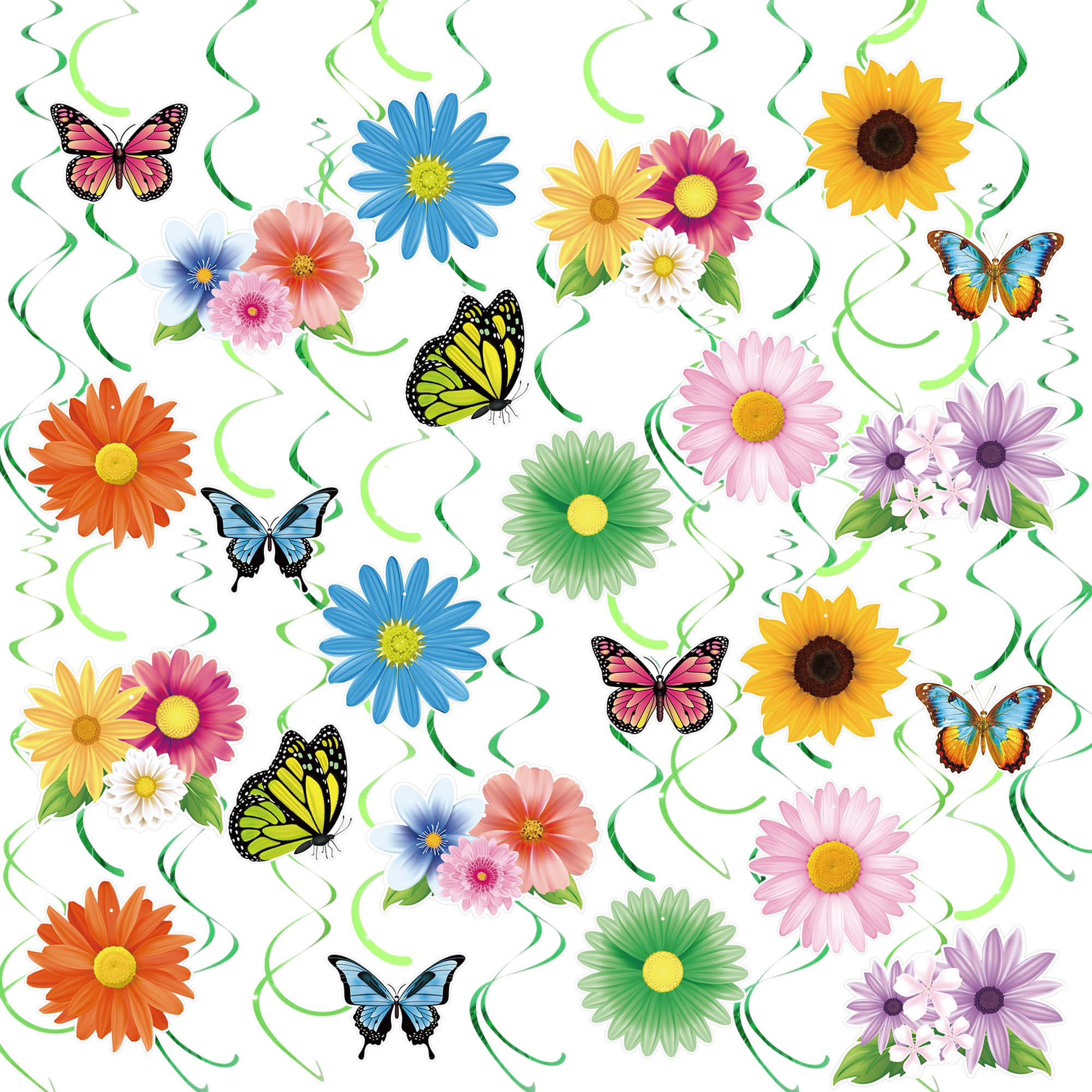 60 PCS Spring Hanging Swirls Flowers Butterfly Hanging Decorations Sunflower Ceiling Decor for Spring Summer Baby Shower Birthday Wedding Party Decoration