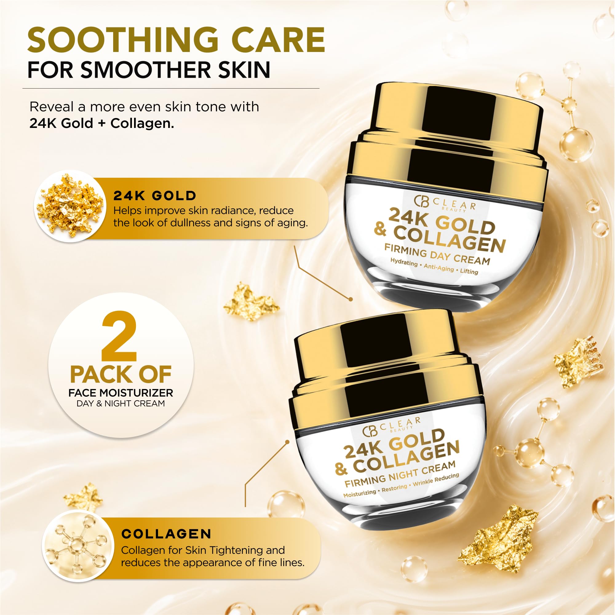 Clear Beauty 24-karatowe złoto & kolagen Day/Night Moisturizer Anti-Aging Cream - Duo Set Value Pack