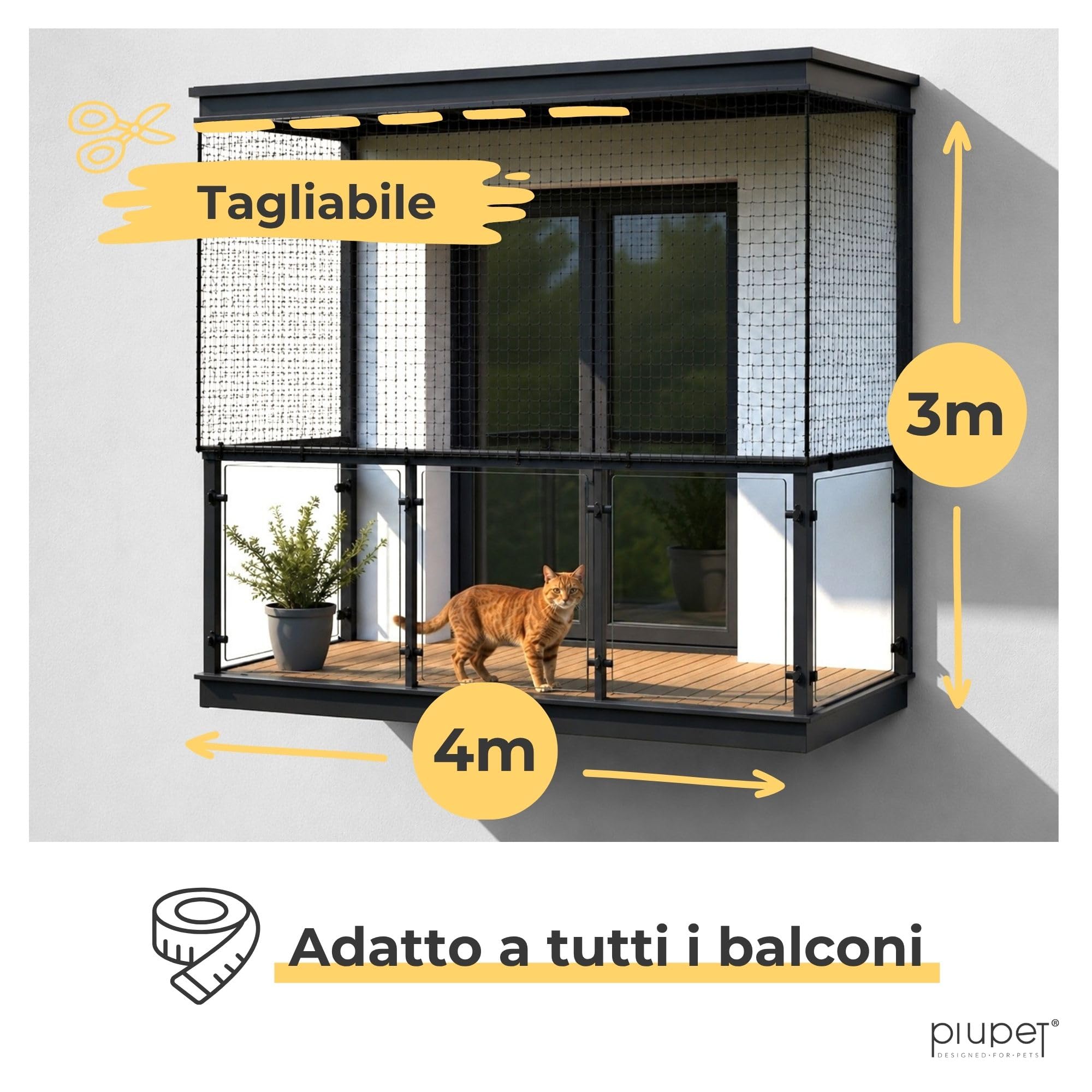 PiuPet® Rete per Gatti I Rinforzata I 4x3m I Incl. Corda di Fissaggio I Rete per Gatti Balcone | Rete per Balcone Esterno