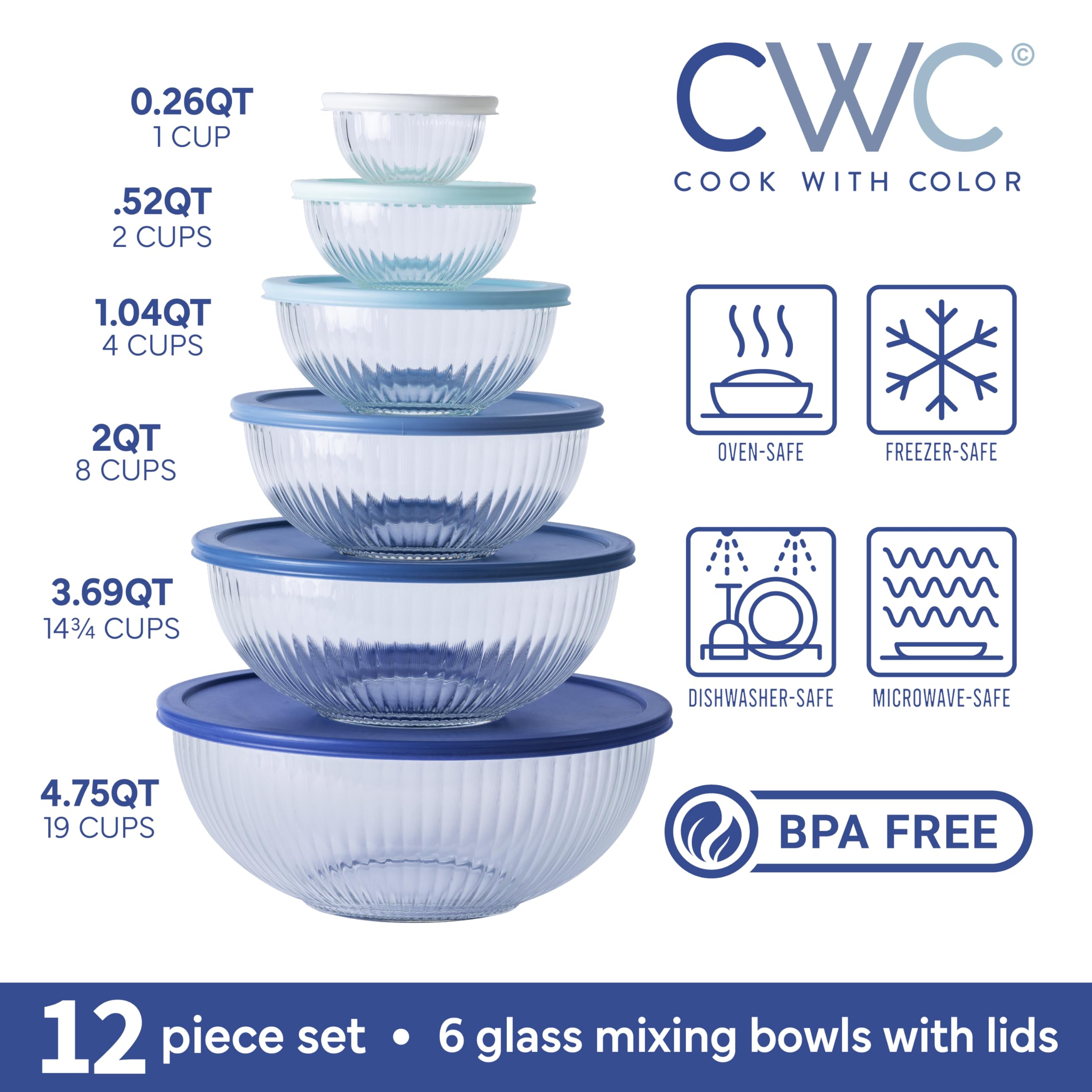 Amazon.com: COOK WITH COLOR 12 Pc Glass Mixing Bowl Set with Lids   Borosilicate Glass Nesting Bowls for Cooking, Baking and Meal Prep, Fluted  Blue: Home & Kitchen