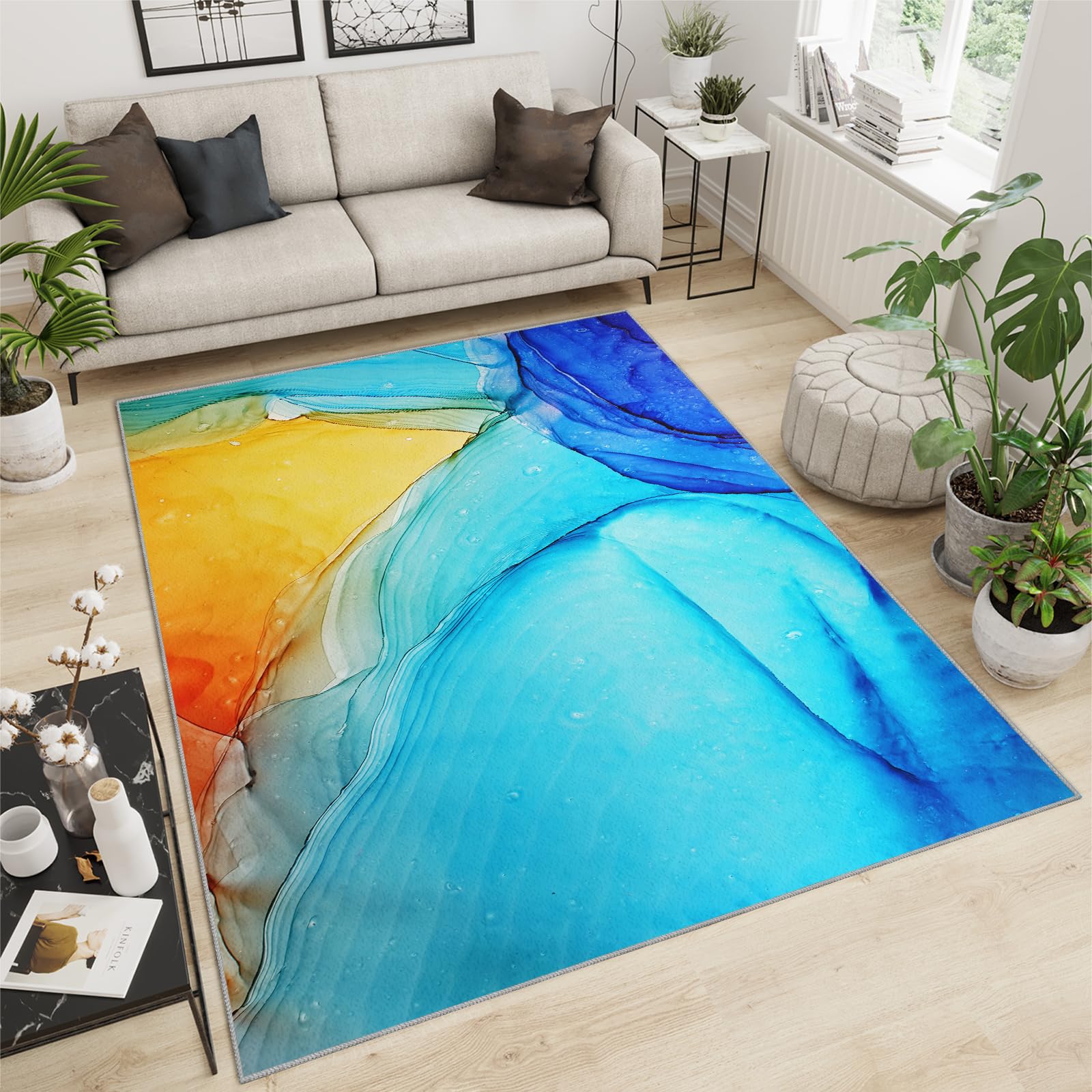 QDJKBL Washable Rugs 160 X 200 Cm Blue and Orange Ink Marble, Retro Gradient Oil Painting Graffiti Farmhouse Rug, Soft Area Rug Soft Feel for Classroom Home
