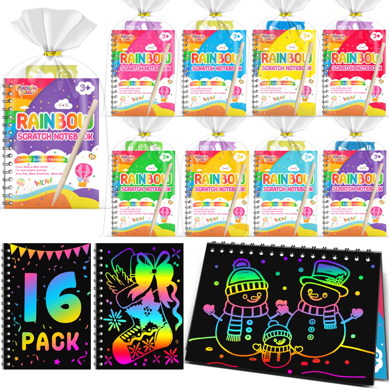 Party Favors for Kids: 16 Pack Rainbow Scratch Art Notebook Students Classroom Gifts Bulk for Girls Boys Goodie Bags Stuffers, Return Gifts for Birthday Party Favors Bulk Kids Crafts
