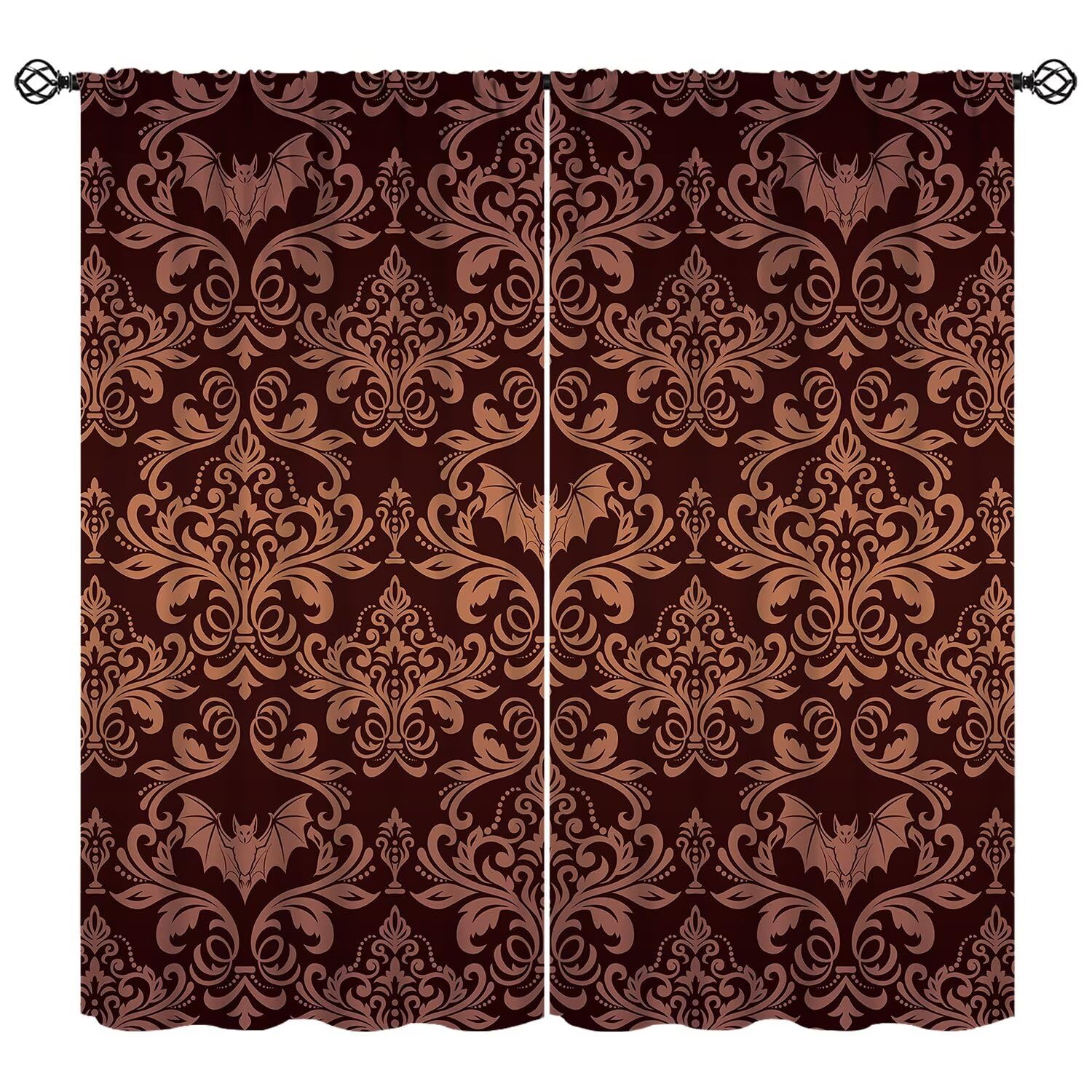 moderw Damask Gothic Vintage Curtains Antique Floral Victorian Goth Window Treatments for Bedroom Bat Bats Skull Bone Bohemian Blackout Window Drapes for Living Room W55xL63in