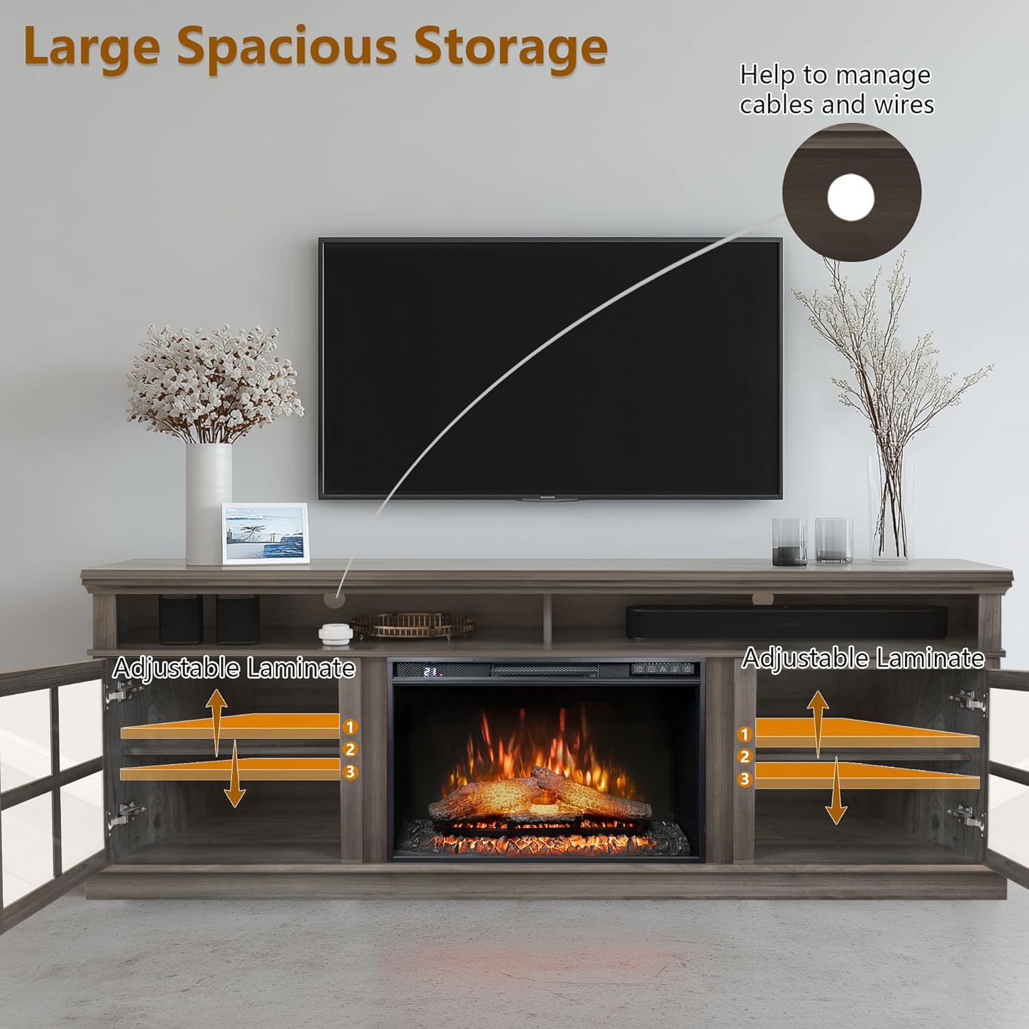 72" Fireplace TV Stand for TVs Up to 80", Entertainment Center with 26" Electric Fireplace, 6 Levels Brightness Control with Remote, Modern Farmhouse Cabinet Console Glass Door, Grey