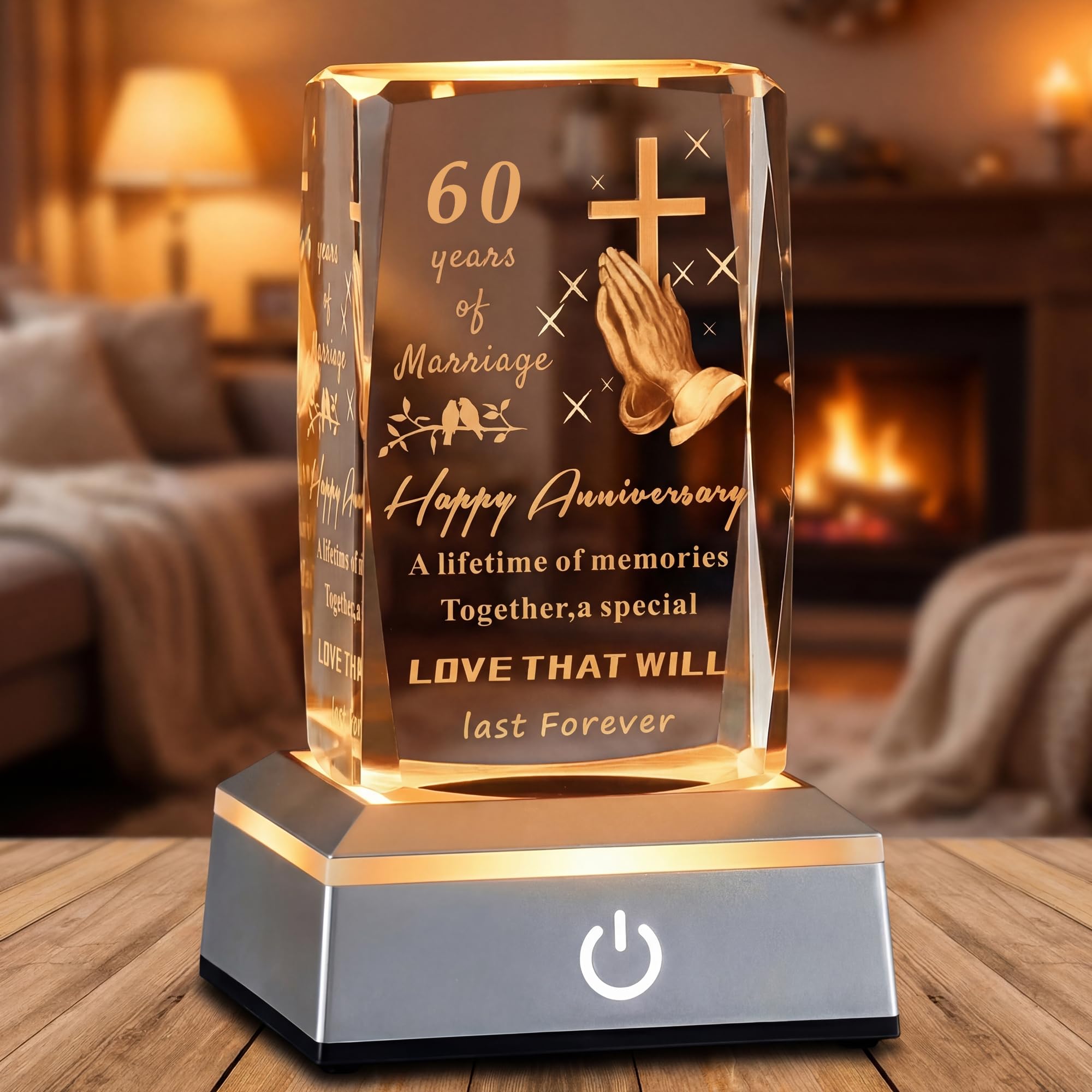 60th Wedding Anniversary Christian Gifts for Parents, Laser Engraved Romantic 60 Year Anniversary Crystal Keepsake Gifts for Grandma and Grandpa, 60 Years of Marriage Gift for Women Men