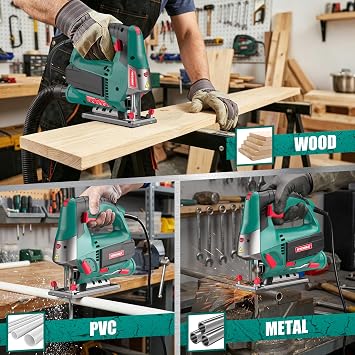HYCHIKA 6.7A 800W Corded Jig Saw, Jigsaw Tool Power Jig Saws,6Speed Up to 3000 SPM, 4 Orbital Settings, Laser Guide, 45 Bevel Cutting, ToolFree Blade Change, 6 Blades for Wood Metal Plastic