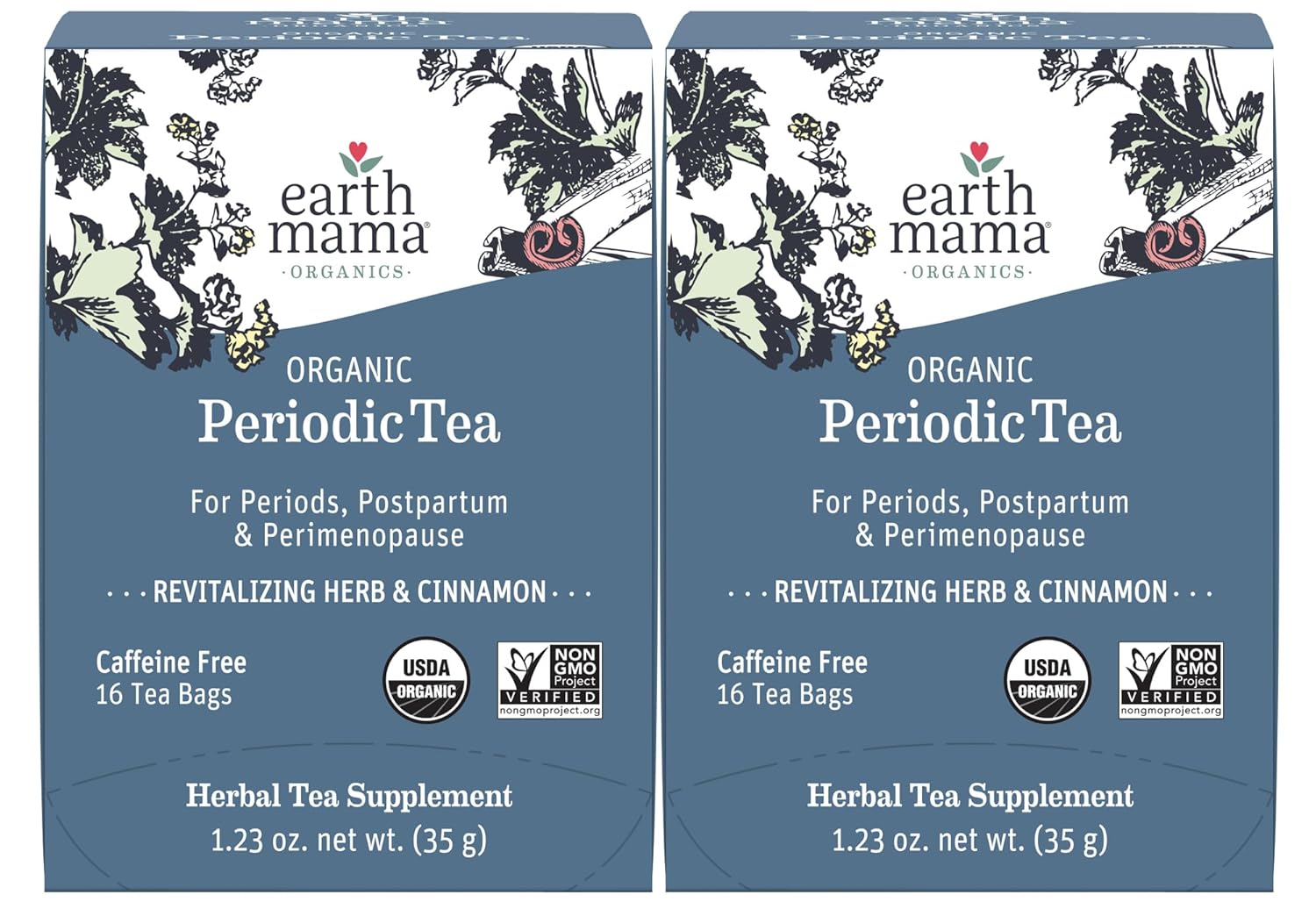 Earth Mama Organic Periodic Tea | 100% Organic Herbal Support for Periods, Postpartum & Perimenopause, 16 Teabags Per Box (2-Pack)