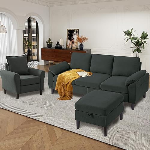 Miniatura 12 de Juego de sofá seccional convertible de 79 pulgadas, moderno sofá pequeño en forma de L de lino con otomana reversible y silla de acento, sofás de 3