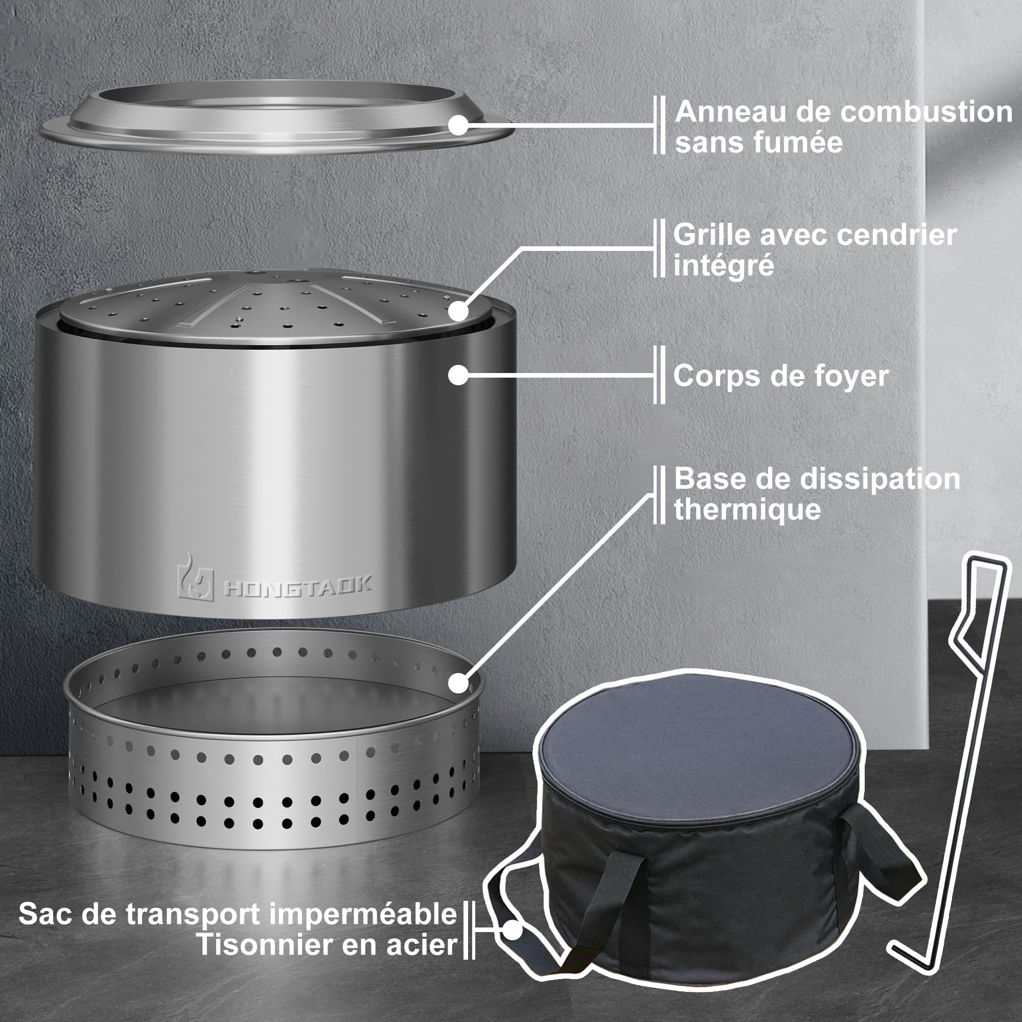 50 cm Brasero Exterieur, Foyer Portable sans Émission de Fumée, pour Camping Terrasse Extérieure, Bac à Cendres Amovible, Acier Inoxydable, Tisonnier de Feu et Sac Étanche