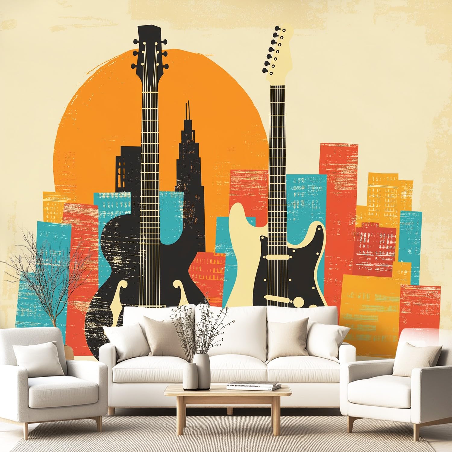 Tapeta geometryczna, vintage, ciepła - gitara, architektura, wzór miasta - tapeta na fizelinie dekoracja ścienna nowoczesna tapeta ścienna - tapeta z motywem - 300 x 210 cm