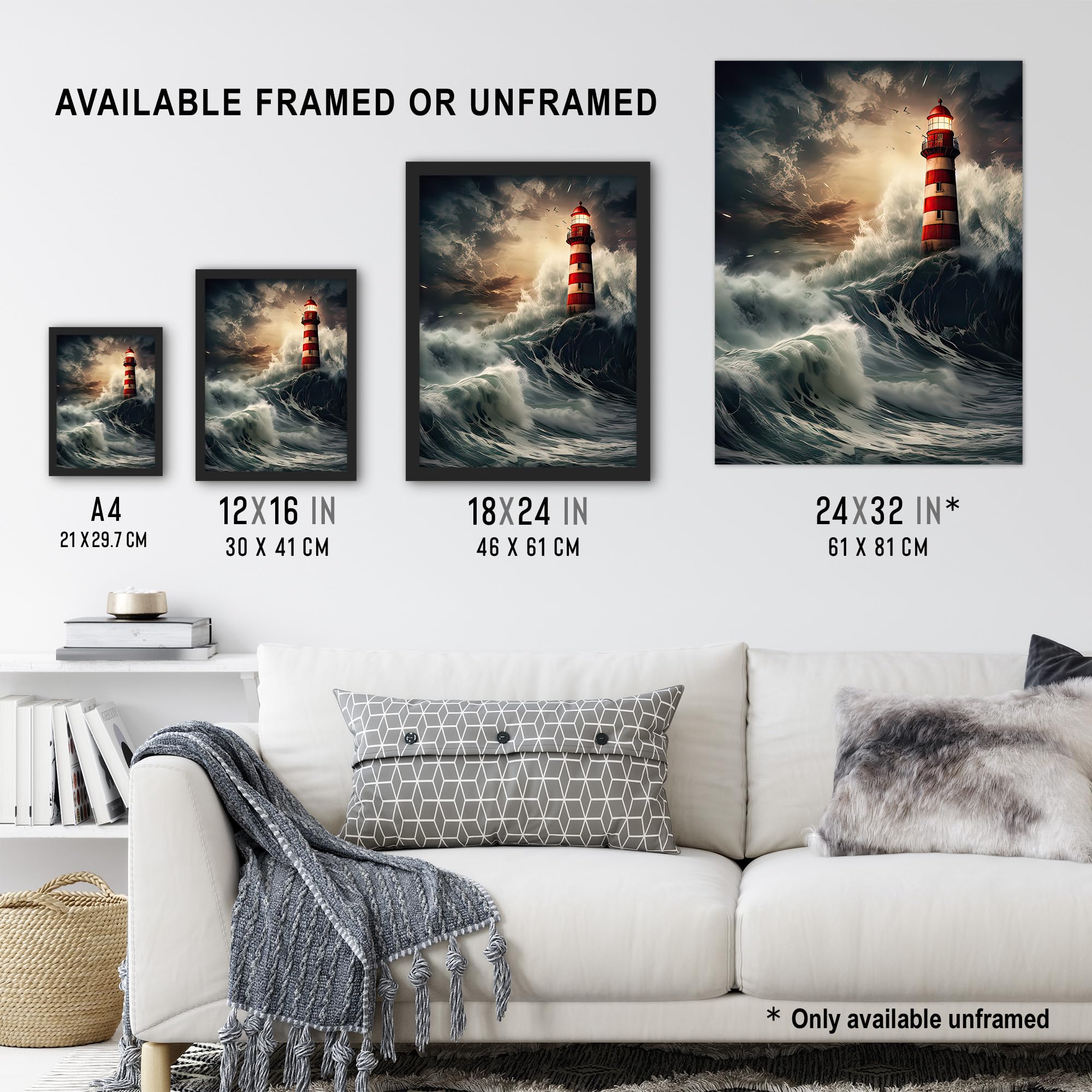 Artery8 Lighthouse Against a Stormy Sea Dramatic Seascape Artwork Framed Wall Art Print A4, Framed A4, 32.3L x 23.4W cm - Image 3