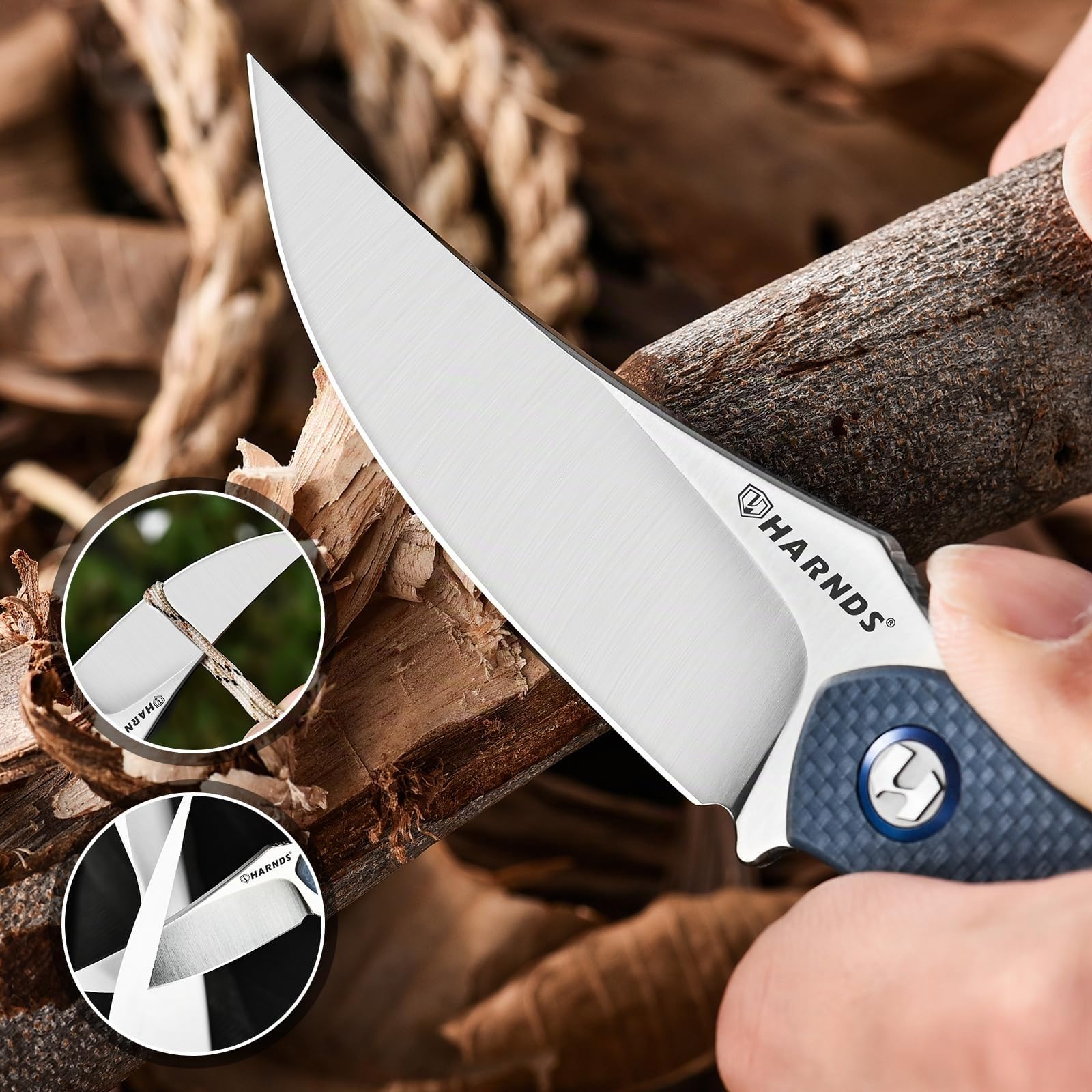 Harnds Tiburón Cuchillo de Hoja Fija para Outdoor con Funda Kydex Hoja de Acero D2 Ideal Cuchillo de Camping Cuchillo de Supervivencia Premium Cuchillo Bushcraft (Gris - Satín)
