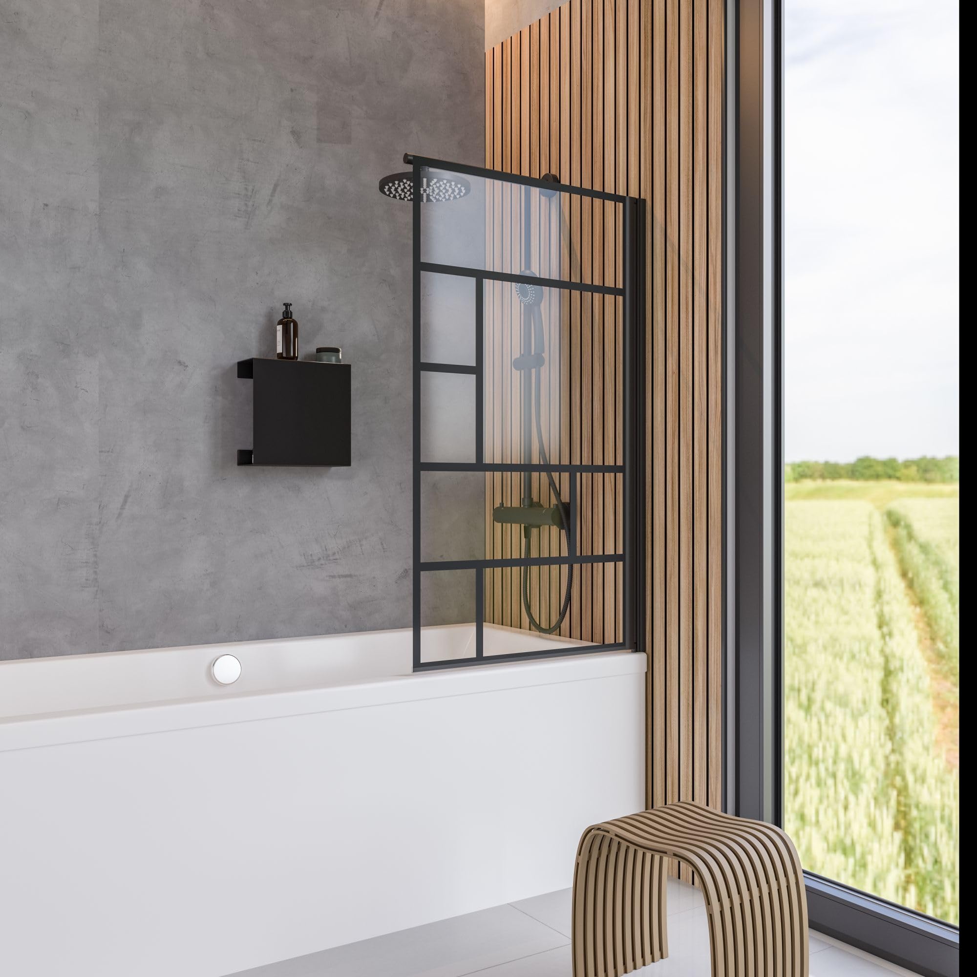 Schulte Duschwand 70 x 130 cm, 5 mm ESG Sicherheitsglas, Dekor Atelier 1, Black Style – Schwarz-matt, Duschabtrennung 1-teilig für Badewanne