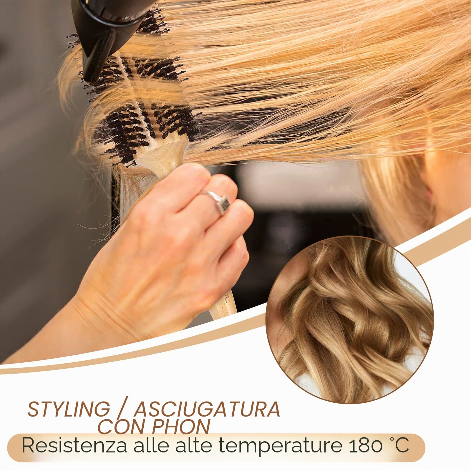 BESTOOL Spazzola rotonda per asciugatura, setole di cinghiale con perni in nylon Spazzola rotonda per capelli, spazzola professionale per lo styling per donne e uomini (Barrel 38mm)