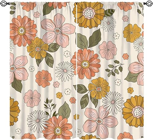 Cortinas florales retro de los años 70, Groovy Retro Boho patrón de flores vintage opacas para ventana, bolsillo para barra, cortinas con