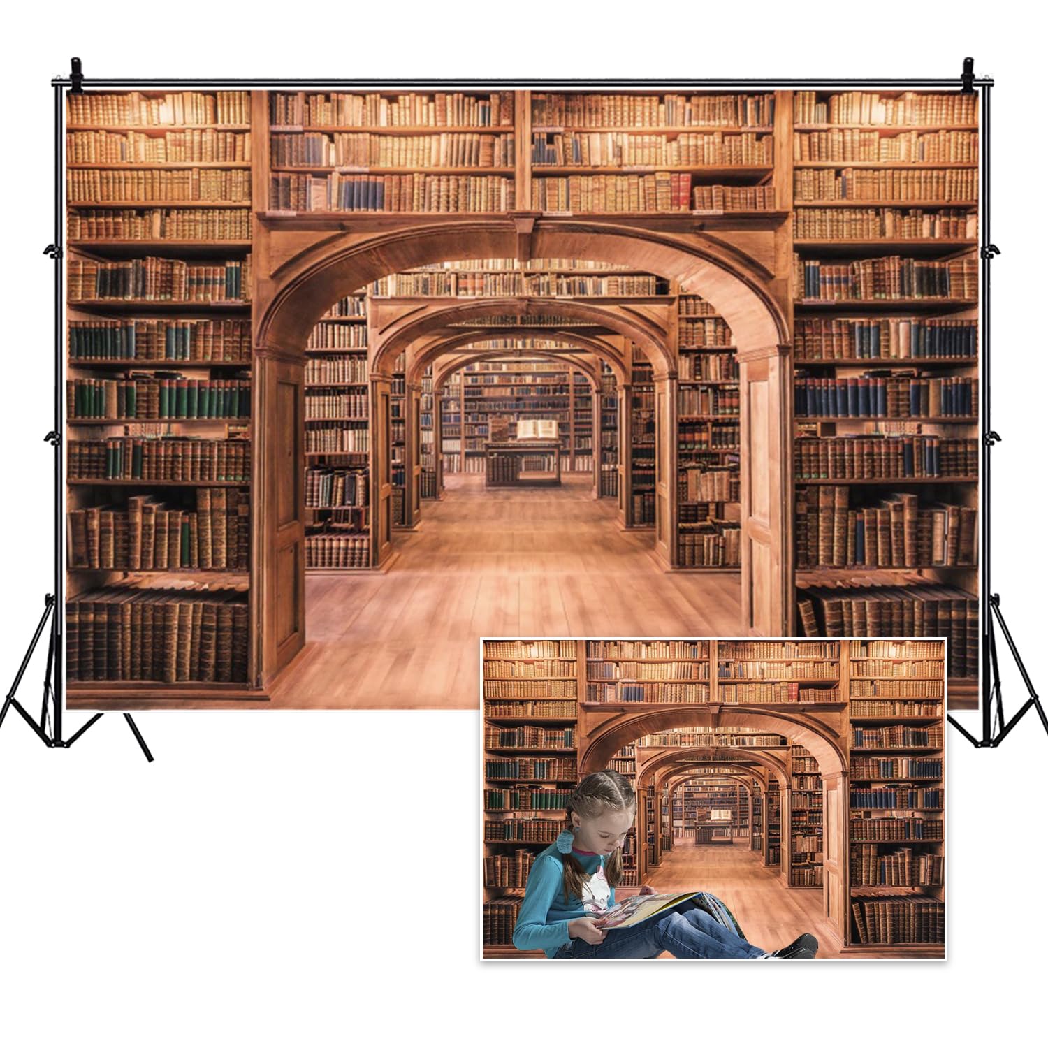 Vie Savaran 7x5ft Vintage Bookshelf Backdrop Medieval Bookcase Antique Book Wooden Library Wall Floor Retro Archway Ancient Classical Photography